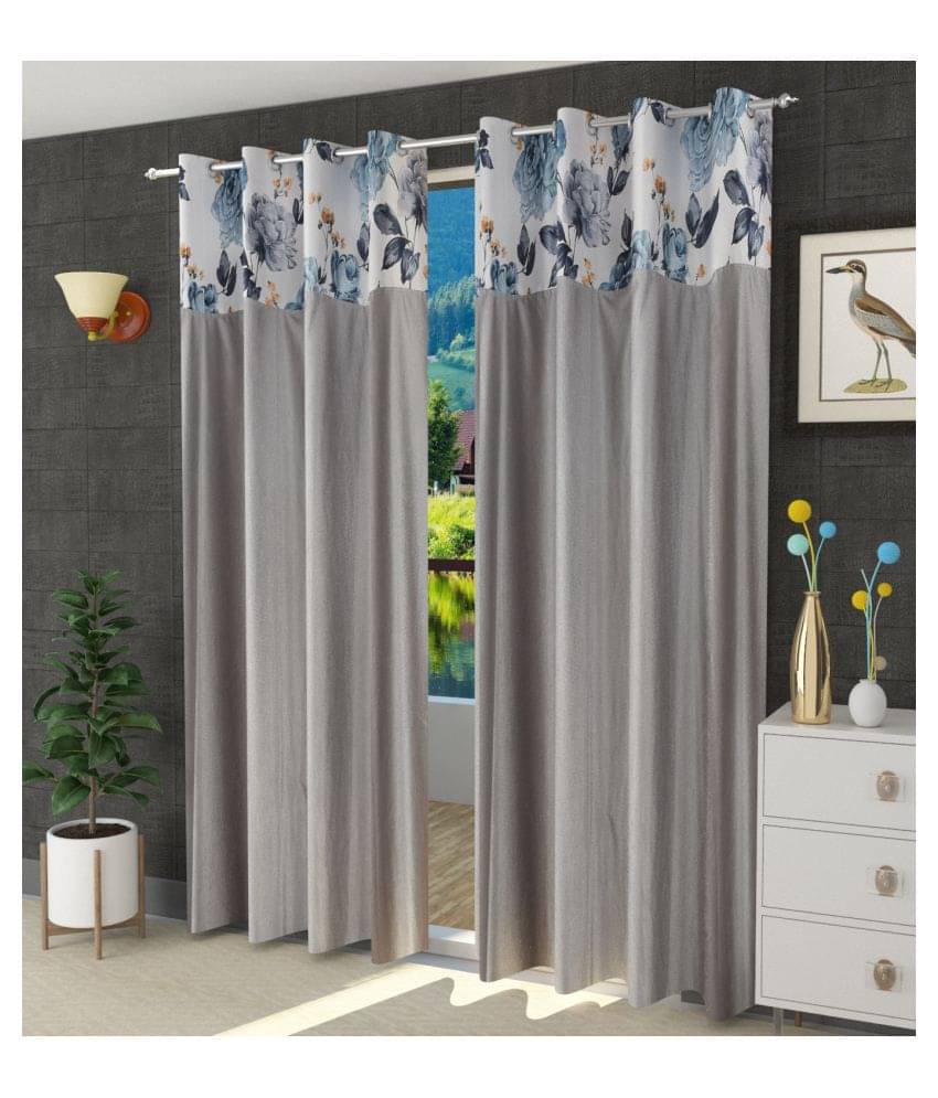     			Homefab India Floral Blackout Eyelet Door Curtain 7ft (Pack of 2) - Grey