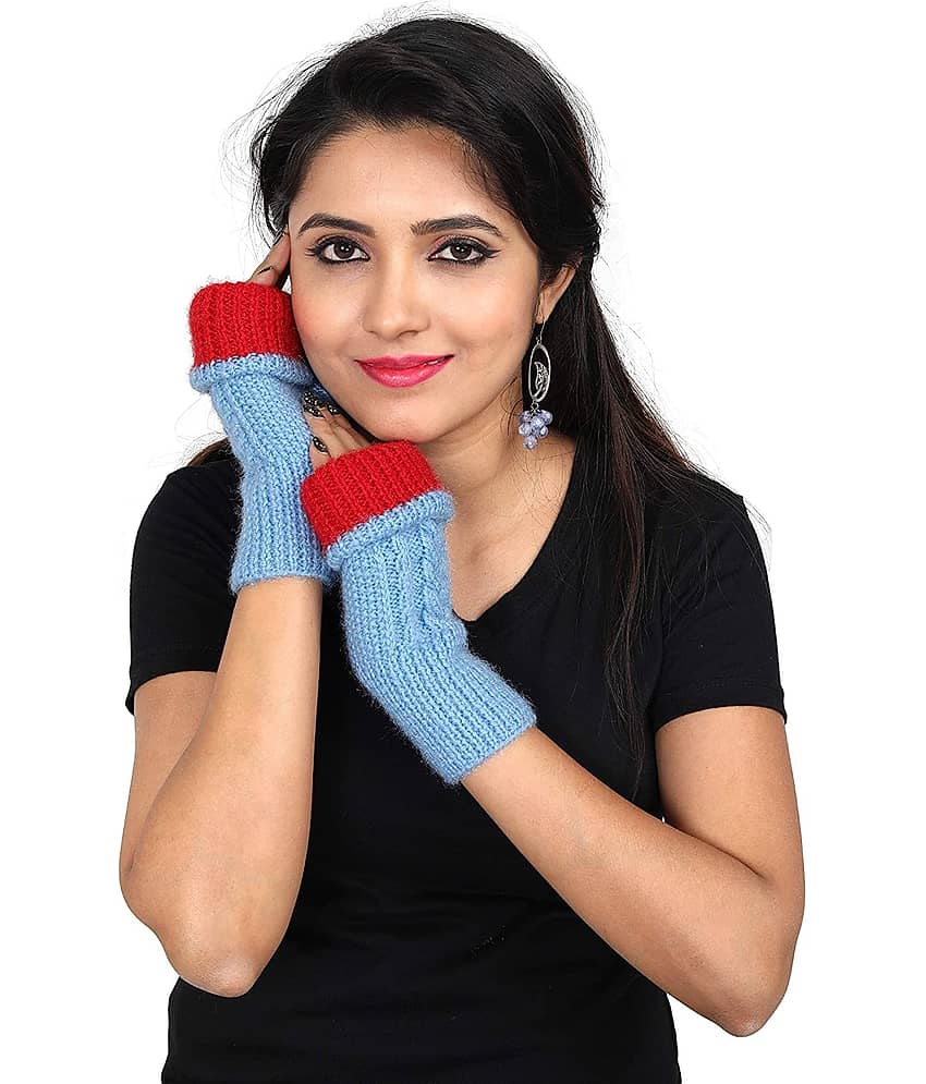KC Store Women's Sky Blue & Red Handmade Woolen Gloves For Winters - Dupattas & Shawls | Buy online on ZillyBuy