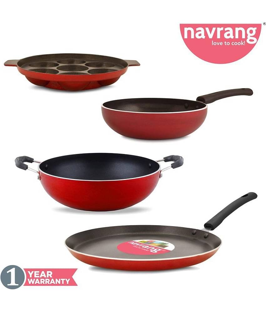 Navrang Nonstick Aluminum 4pc Cookware Set ,Tawa 26cm + Kadai 23cm + Fry Pan 20cm + Appakara 7 Kulies without Handle, Red