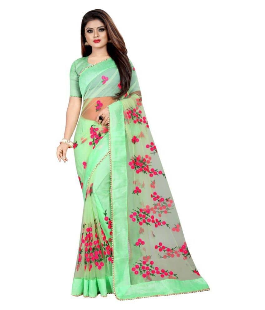 GOROLY Georgette Saree With Unstitched Blouse Piece ( Green ) - Sarees | Buy online on ZillyBuy