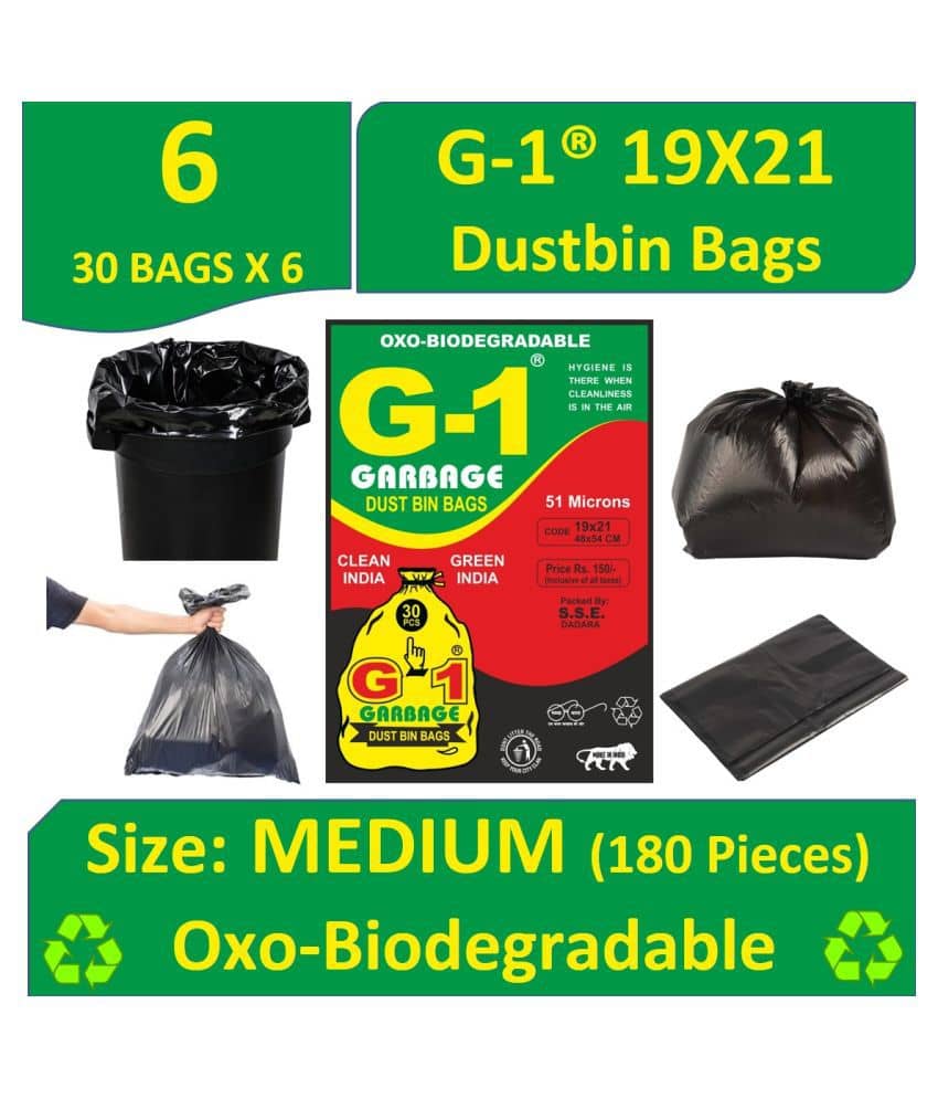 G 1® Premium OXO - Biodegradable Garbage Bags (Medium) Size 48 cm x 56 cm (180 Bags) (Black Colour)