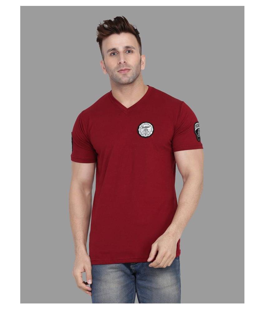     			Tfurnish Cotton Blend Maroon Solids Slim Fit T-Shirt