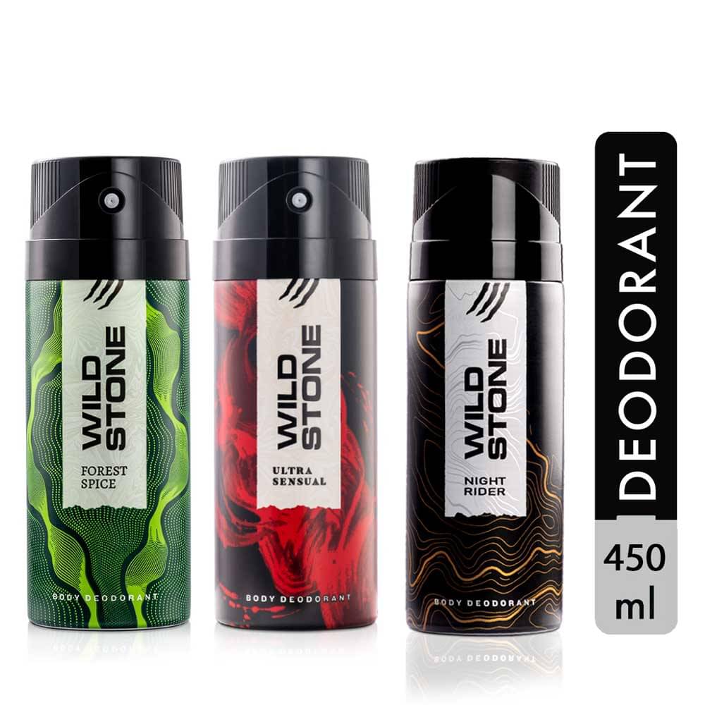 Wild Stone Forest Spice, Night Rider and Ultra Sensual Mens Deodorant, Pack of 3 (150ml each) Eau de Parfum - 450 ml (For Men) Wild Stone Forest Spice, Night Rider and Ultra Sensual Mens Deodorant, Pack of 3 (150ml each) Eau de Parfum - 450 ml (For Men)
