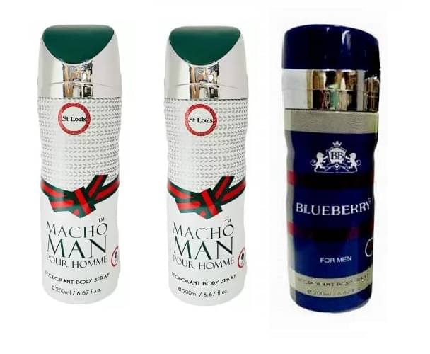 St. Louis Macho Man Pour Homme And Blueberry Deodorant Body Spray 200ml each,pack of 3 St. Louis Macho Man Pour Homme And Blueberry Deodorant Body Spray 200ml each,pack of 3