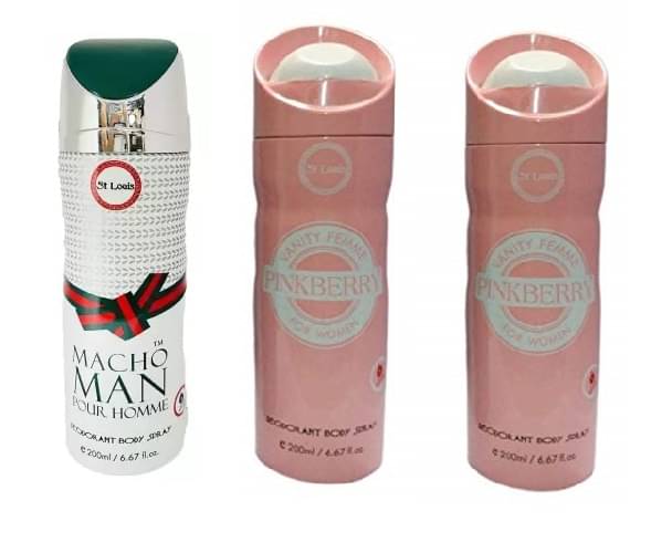 St. Louis Macho Man Pour Homme And Pinkberry 2Deodorant Body Spray 200ml each,pack of 3 St. Louis Macho Man Pour Homme And Pinkberry 2Deodorant Body Spray 200ml each,pack of 3