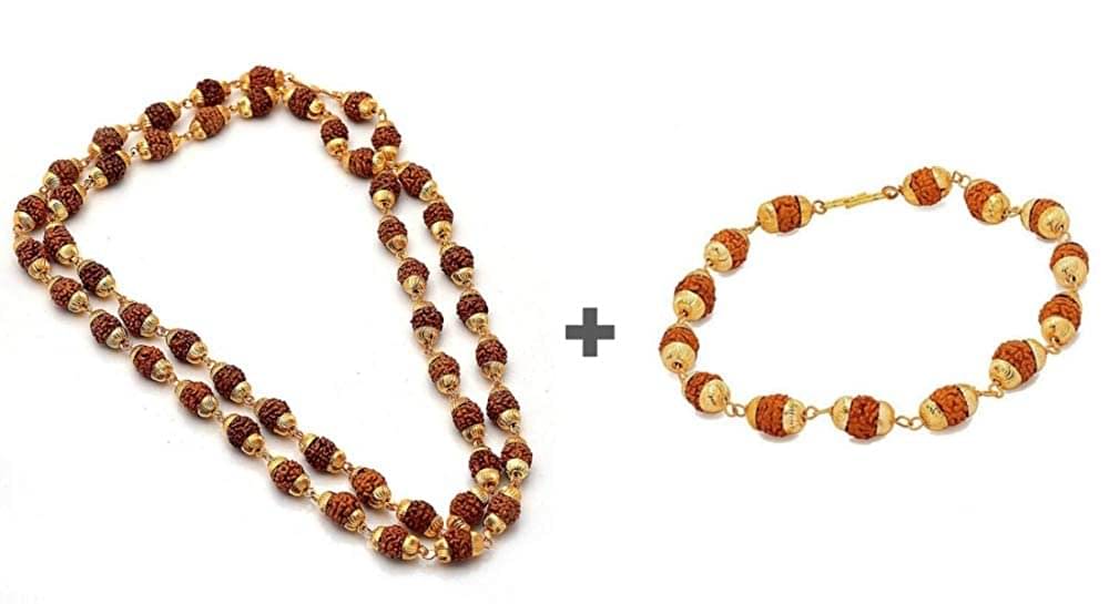     			rudraksha mala and rudraksha bracelet combo designed in metal golden cap made with 5 mukhi rudraksha small beads