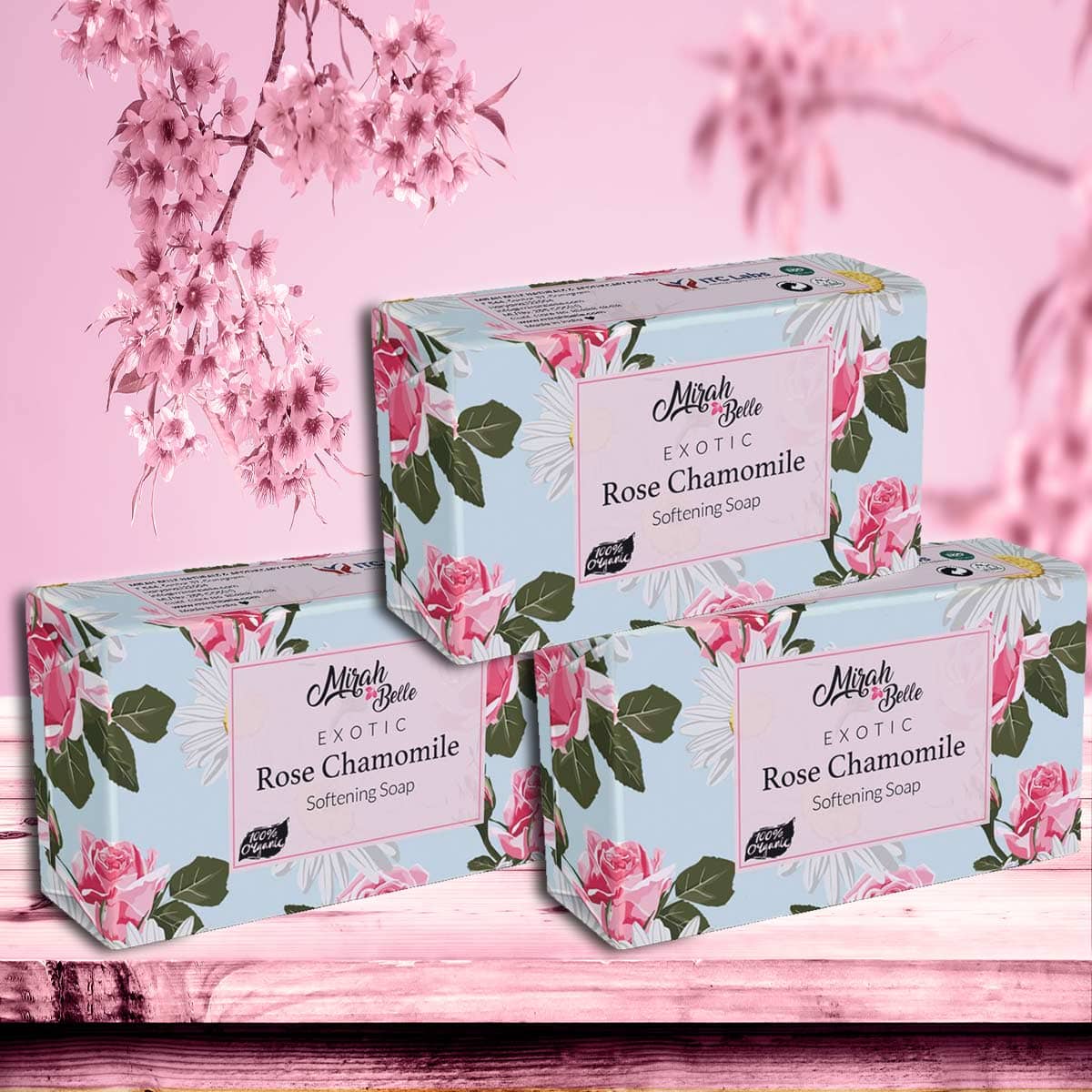 Mirah Belle - Organic Rose Chamomile Softening Soap 125gm (Pack of 3) - For Dry & Cracked Skin Handmade Soap 375gm