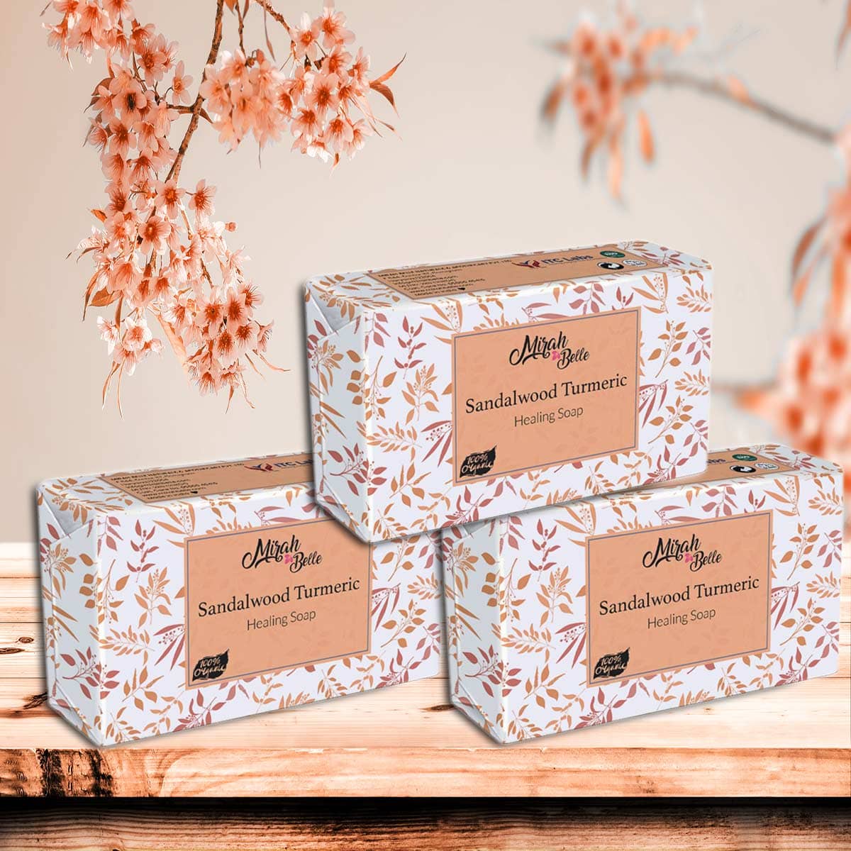 Mirah Belle - Organic Sandalwood Turmeric Healing Soap 125gm (Pack of 3) - For Acne,Breakouts,Pimples & Blemishes, Handmade Soap 375gm