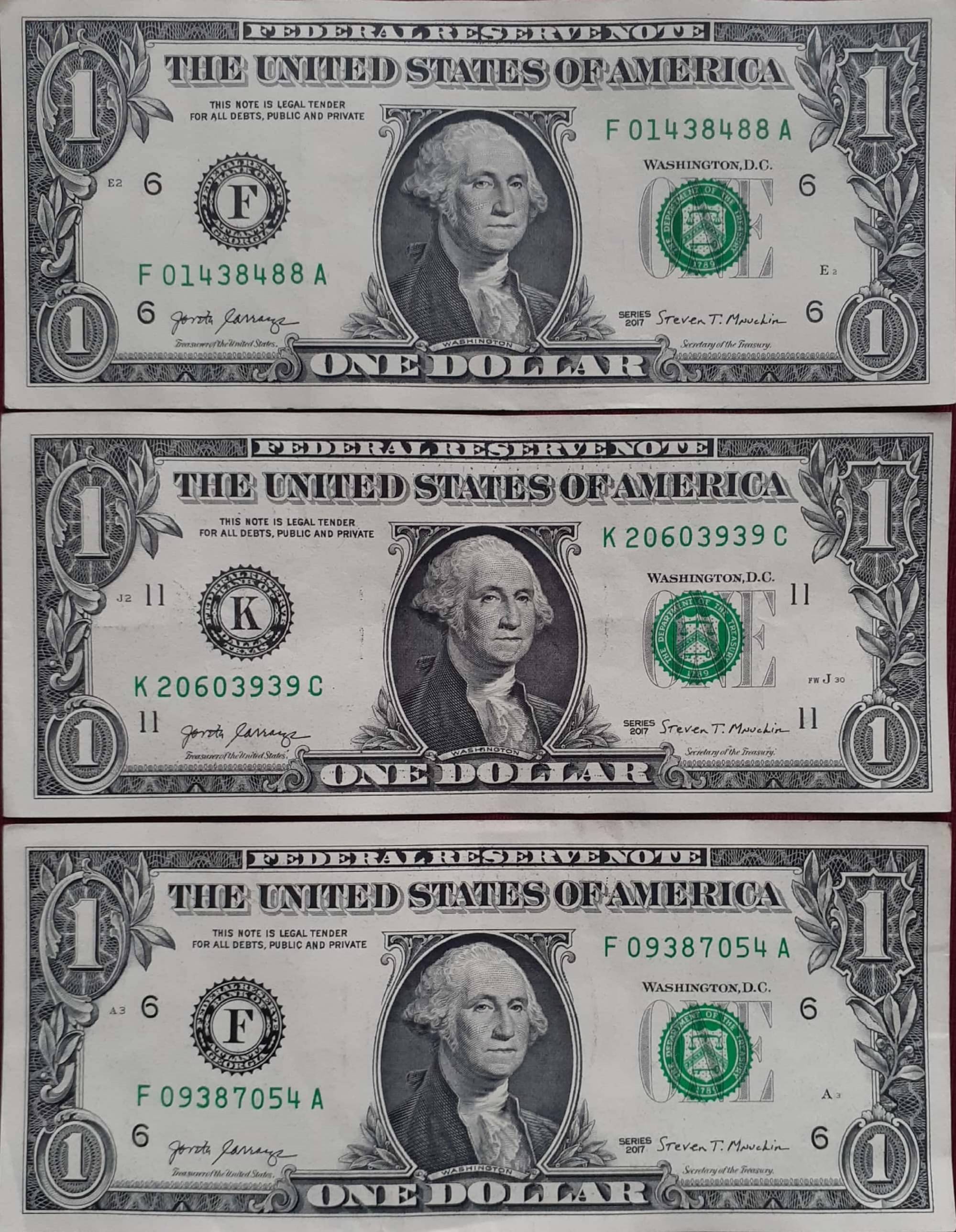     			The United States of America One Dollar Bill 2017 ** Qty-3