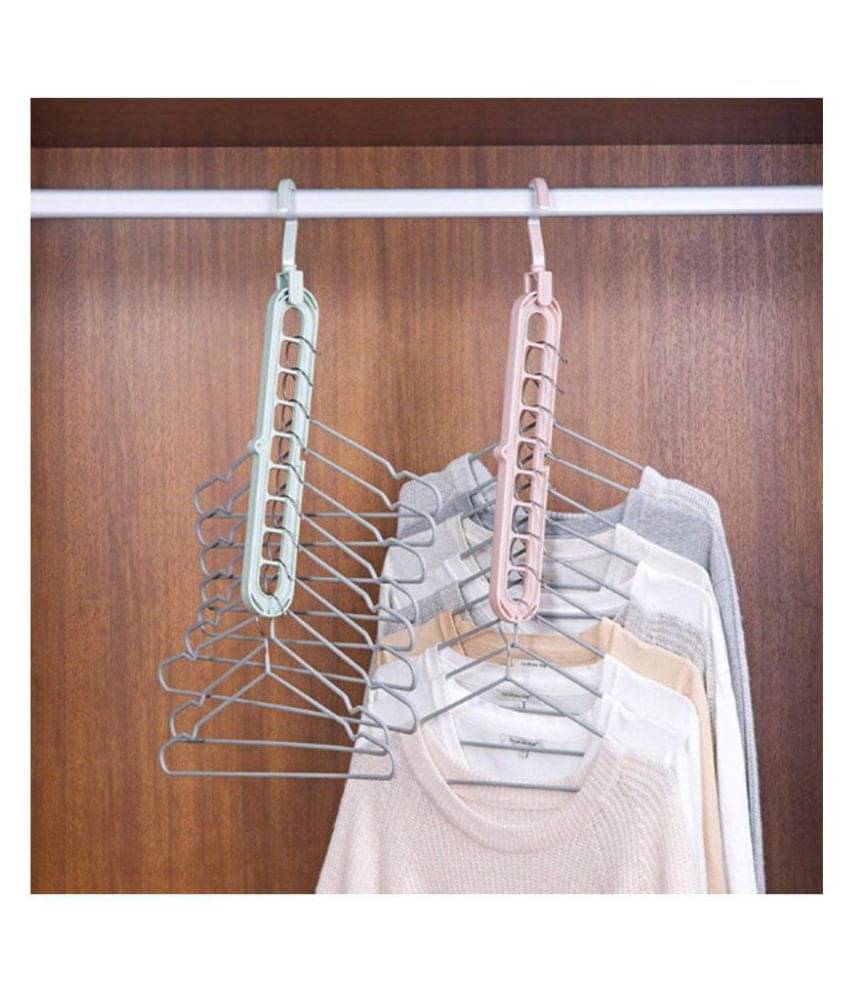     			powerqualis 9 Holes design Wardrobe Space Saver Closet Organiser Smart Hanger, Anti-Skid Plastic  Swivel Hook Set of 2