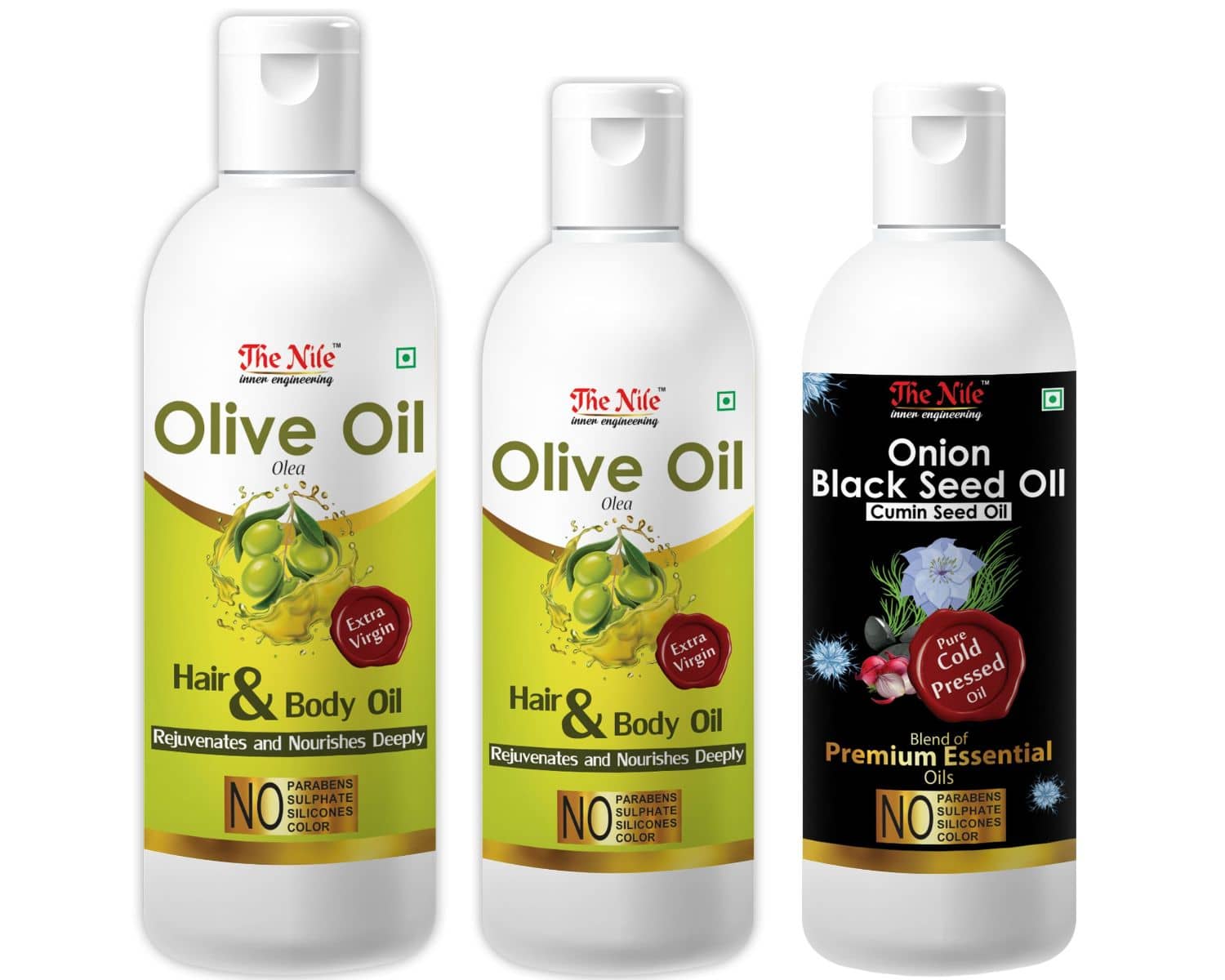 The Nile Olive Oil 150 ML + 100 Ml(250 Ml)+Onion Blackseed Oil 100 ML 350 mL Pack of 3