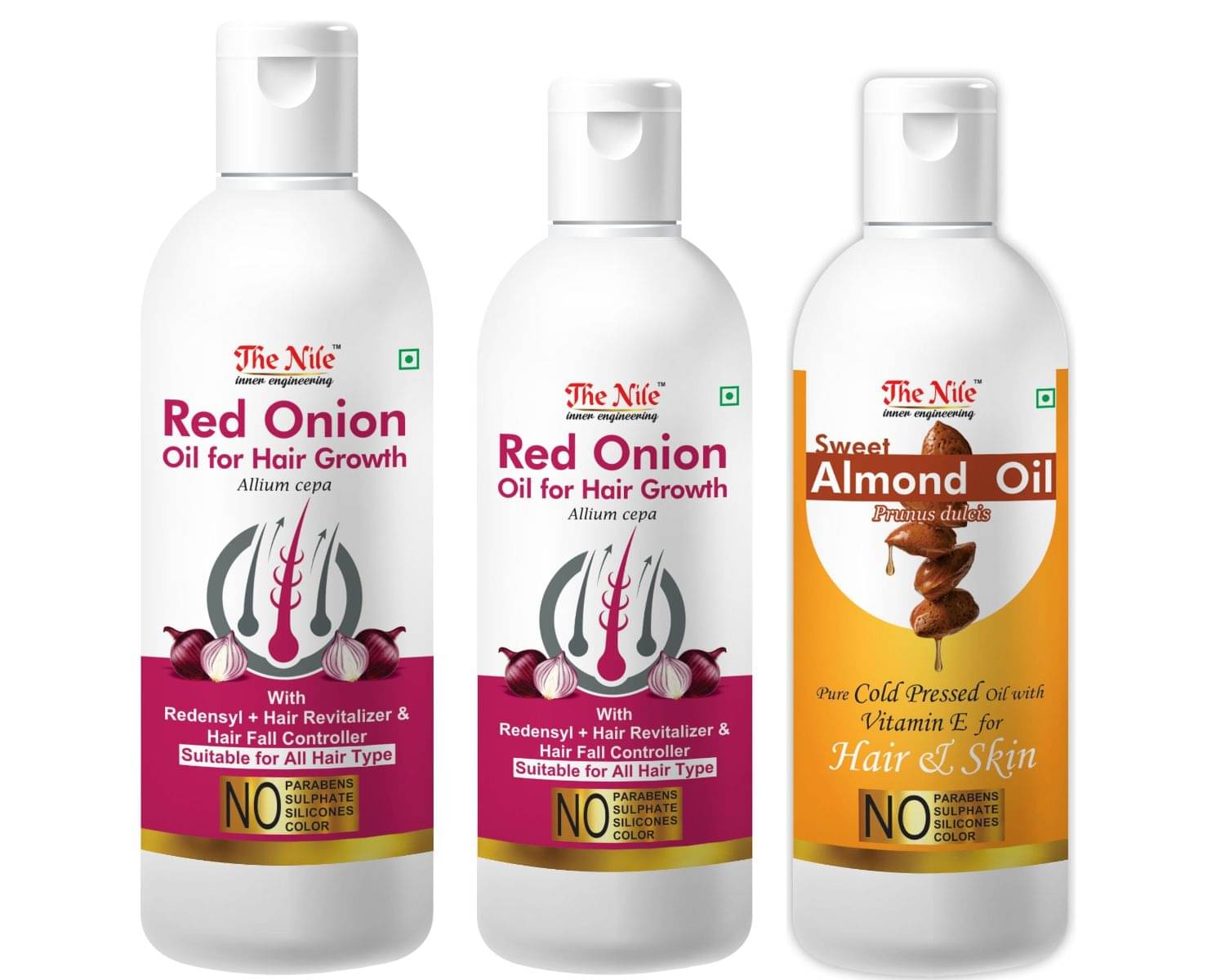 The Nile Red Onion 150 ML + 100 ML (250 ML) + Sweet Almond 100 ML 350 mL Pack of 3 The Nile Red Onion 150 ML + 100 ML (250 ML) + Sweet Almond 100 ML 350 mL Pack of 3