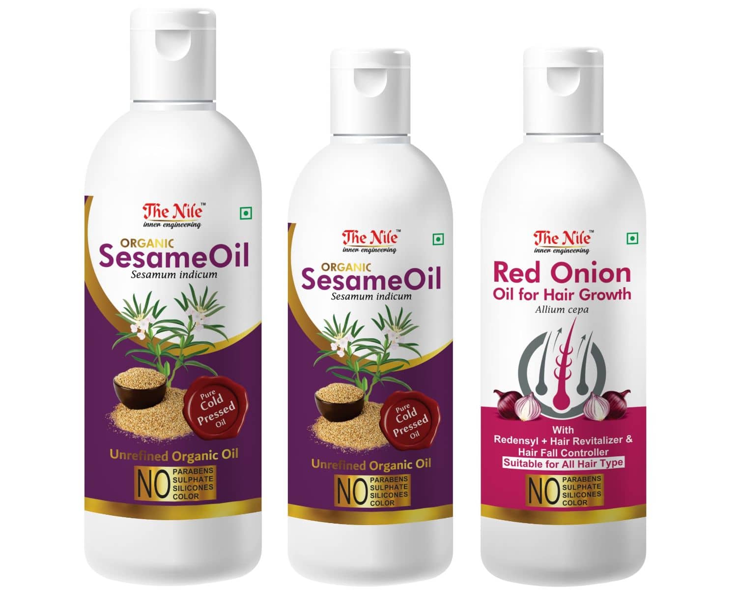 The Nile Sesame Oil 150 Ml + 100 ML (250 Ml) + Red Onion 100 ML 350 mL Pack of 3