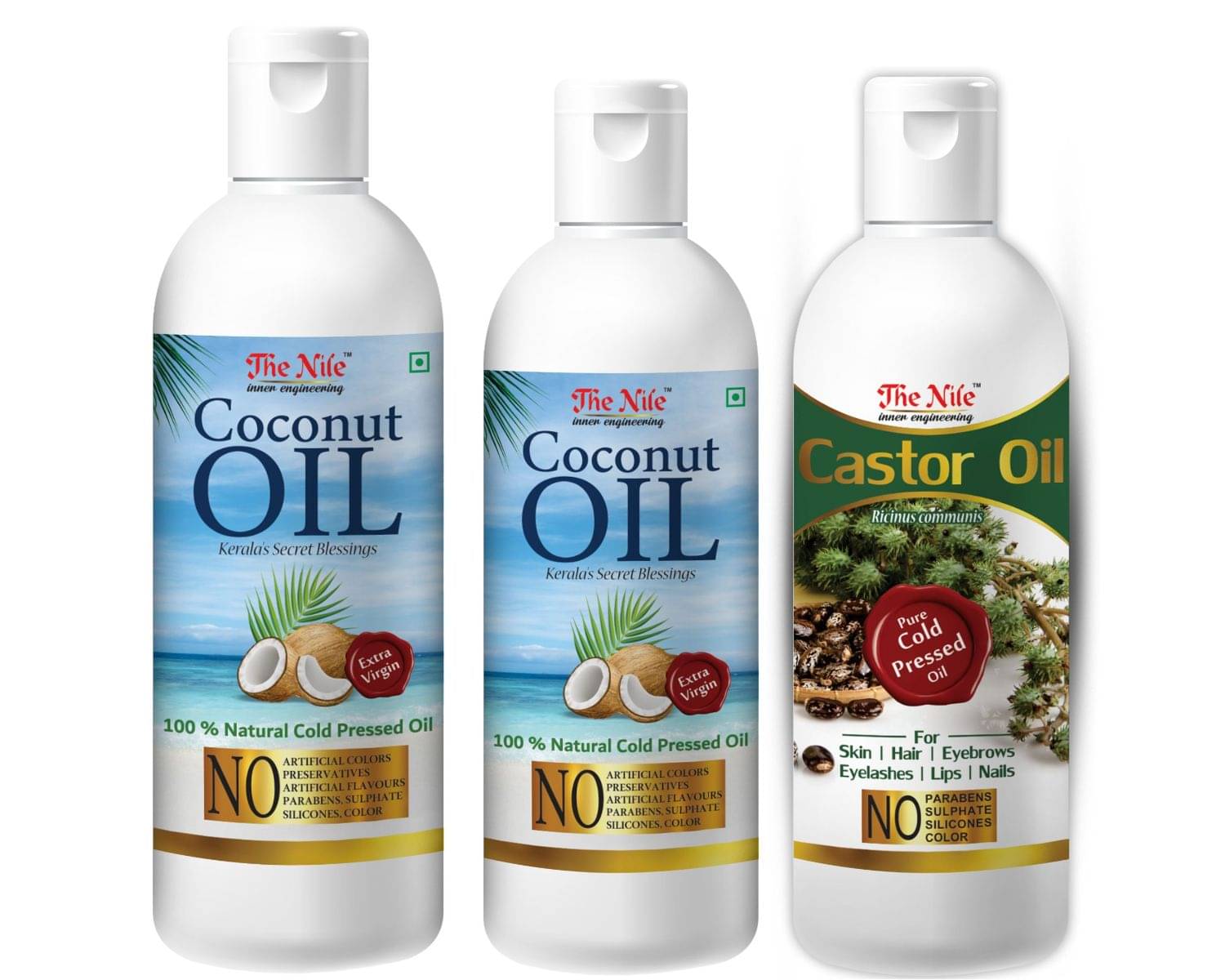     			The Nile Coconut Oil 150 Ml + 100 ML (250 Ml) + Castor Oil 100 Ml 350 mL Pack of 3
