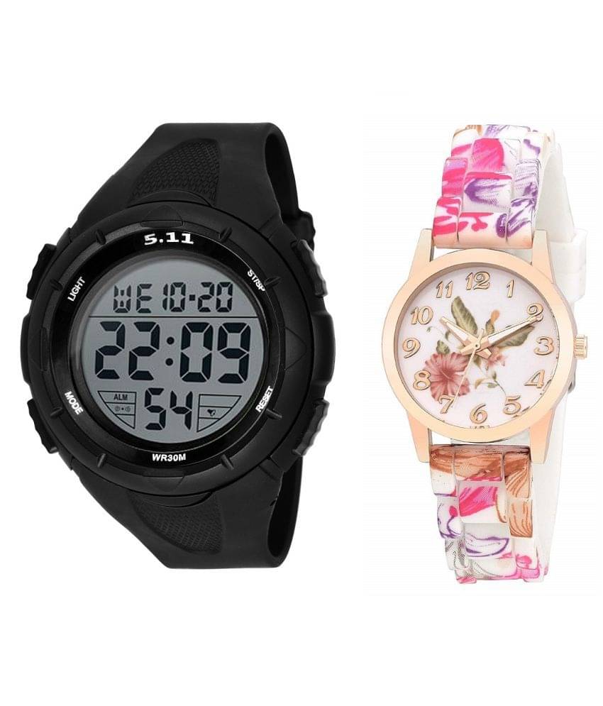     			5.11 black PU Multifunction Men's Watch with silicone strap floral women watch
