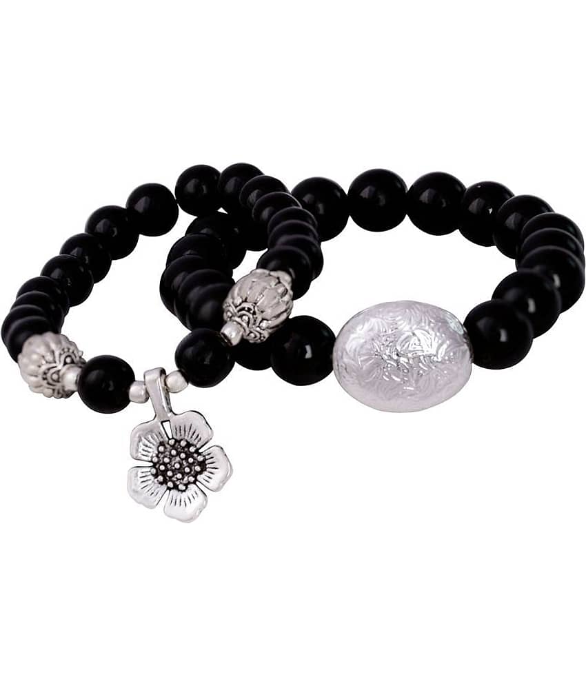 Black Onyx Stone with Silver Flower Charm and Black Onyx Stone with Silver Bead Handmade Stretchable Couple Bracelet - Bangles & Bracelets | Buy online on ZillyBuy