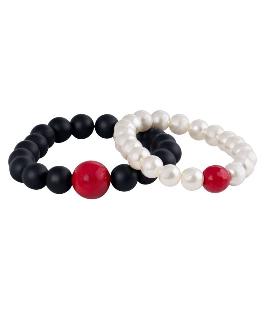 Matte Black Onyx Stone and Off White Pearl with Red Bead Handmade Stretchable Couple Bracelet Matte Black Onyx Stone and Off White Pearl with Red Bead Handmade Stretchable Couple Bracelet