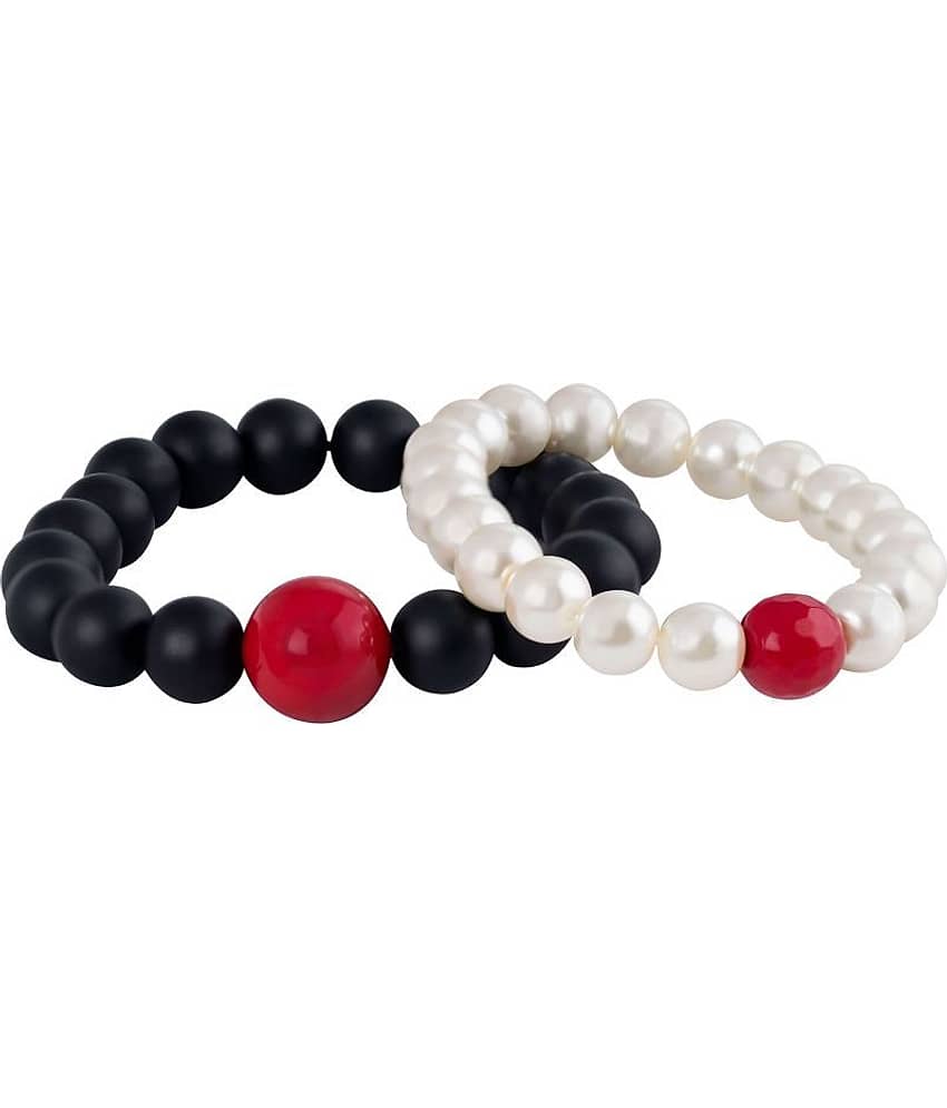 Matte Black Onyx Stone and Off White Pearl with Red Bead Handmade Stretchable Couple Bracelet - Bangles & Bracelets | Buy online on ZillyBuy