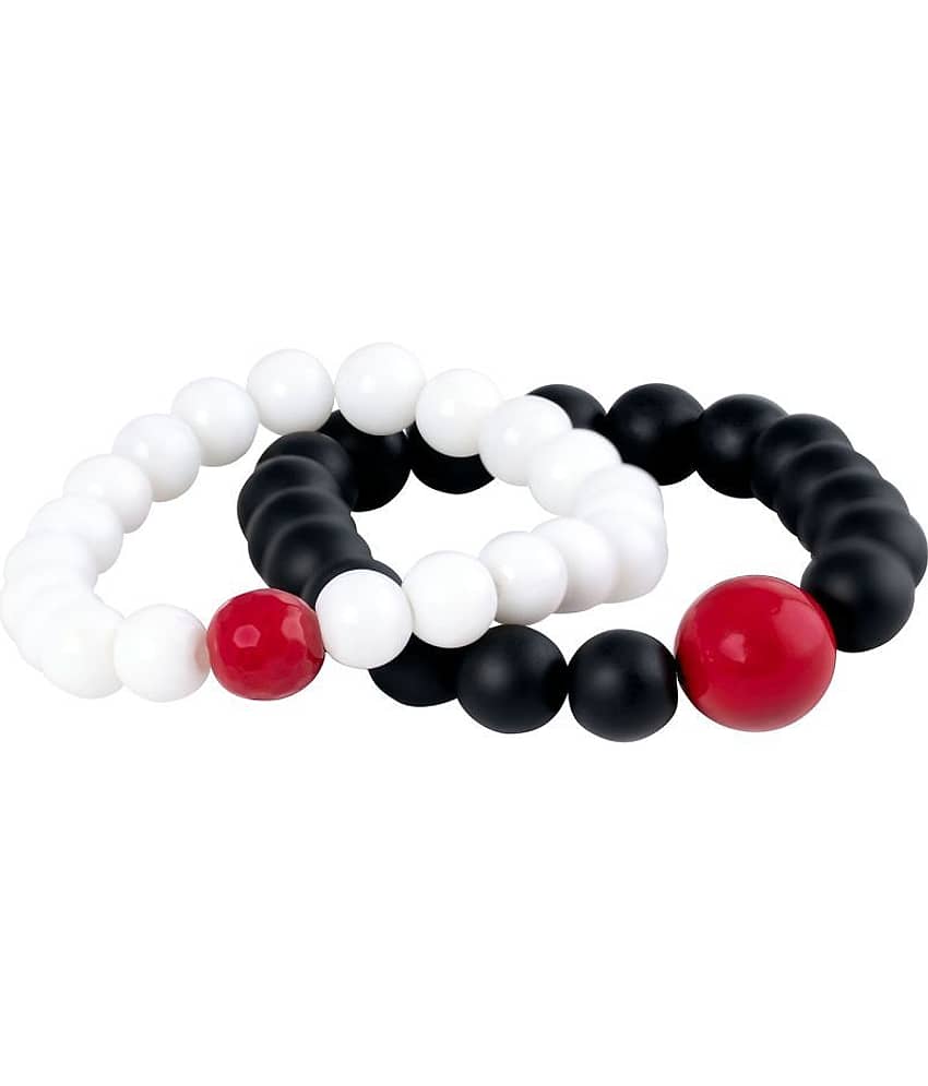 Matte Black and White Onyx Stone with Red Bead Handmade Stretchable Bracelet for Couple - Bangles & Bracelets | Buy online on ZillyBuy