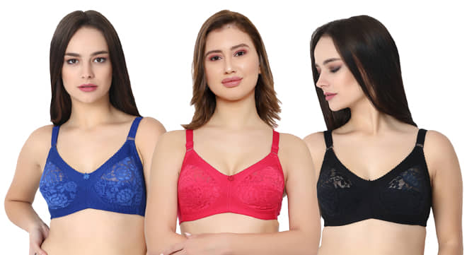 KYODO Pack of 3 Poly Cotton Non Padded Women's Everyday Bra ( Multi Color )