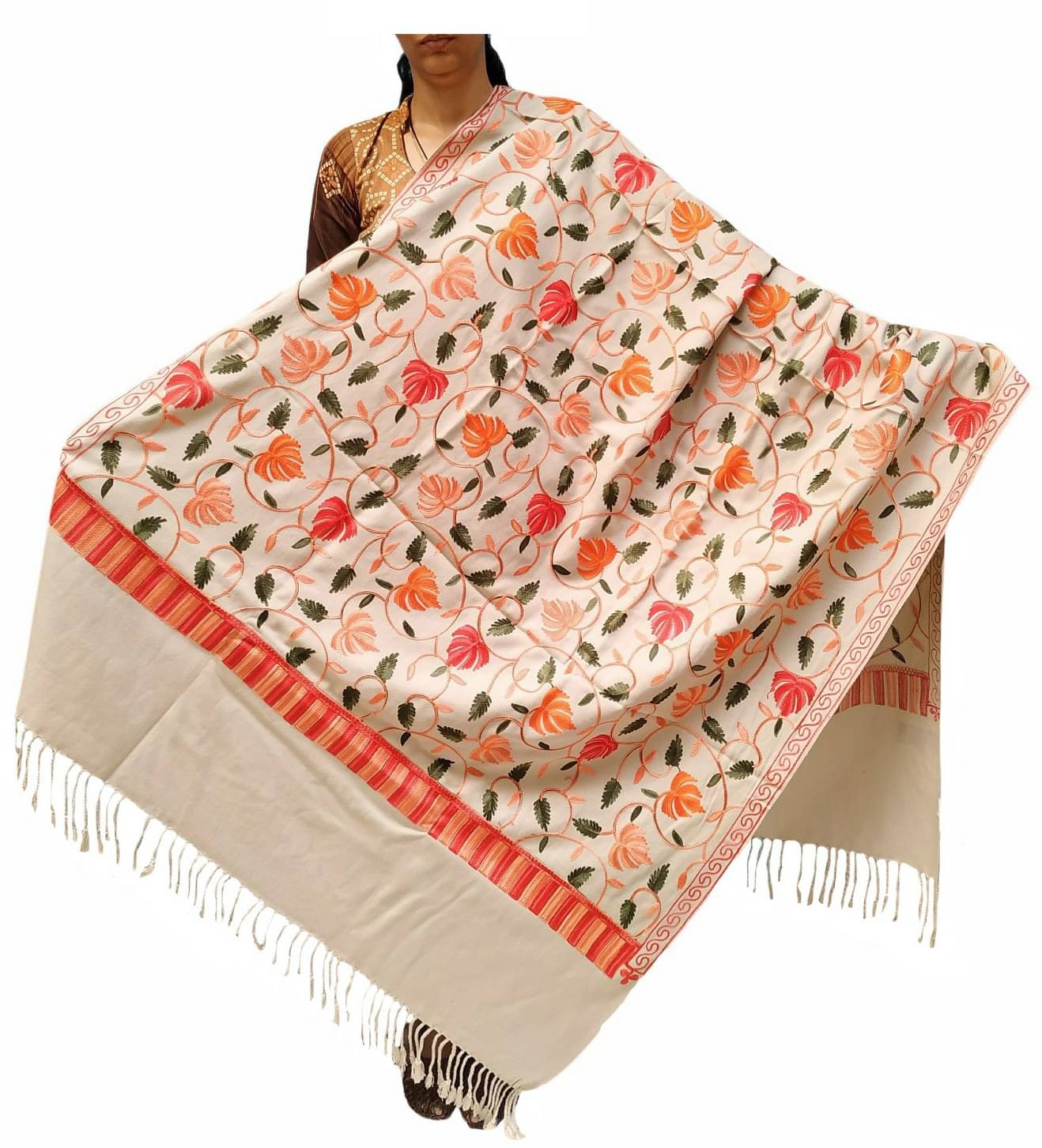 Varun Cloth House White Ari Embroidery Shawl - Single     			Varun Cloth House White Ari Embroidery Shawl - Single