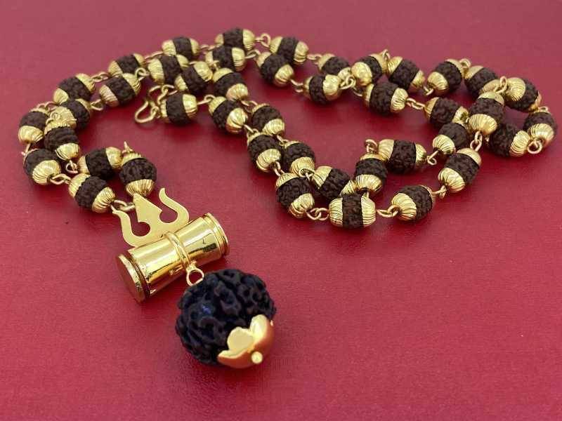     			PAYSTORE Five Face BLACK Rudraksha IN GOLDEN CAP Religious Jewelry Loard Shiv WITH Trishul Damru Locket for Unisex