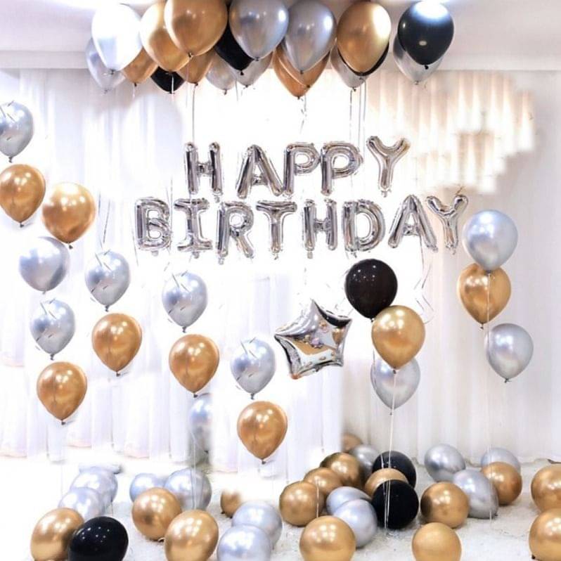     			Happy Birthday Letter Foil Balloon Set of Silver + Pack of 50 HD Metallic Balloons (Gold, Black and Silver)