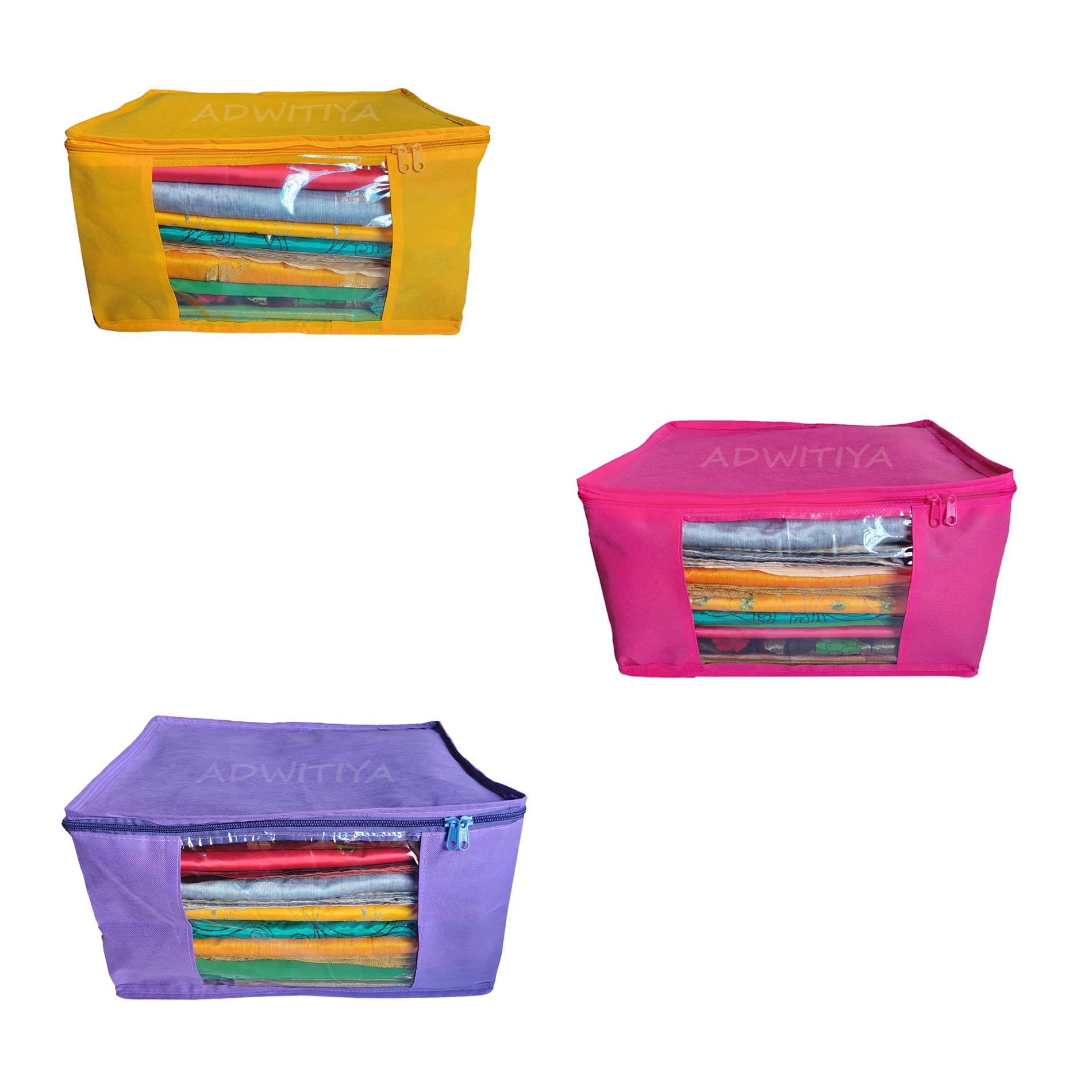 ADWITIYA - Set of 3 - Plain 9 Inch Large Nonwoven Saree Salwar Suit Shirt Jeans Bedsheet Garment Cloth Organizer Cover Case - Yellow, Pink & Purple ADWITIYA - Set of 3 - Plain 9 Inch Large Nonwoven Saree Salwar Suit Shirt Jeans Bedsheet Garment Cloth Organizer Cover Case - Yellow, Pink & Purple
