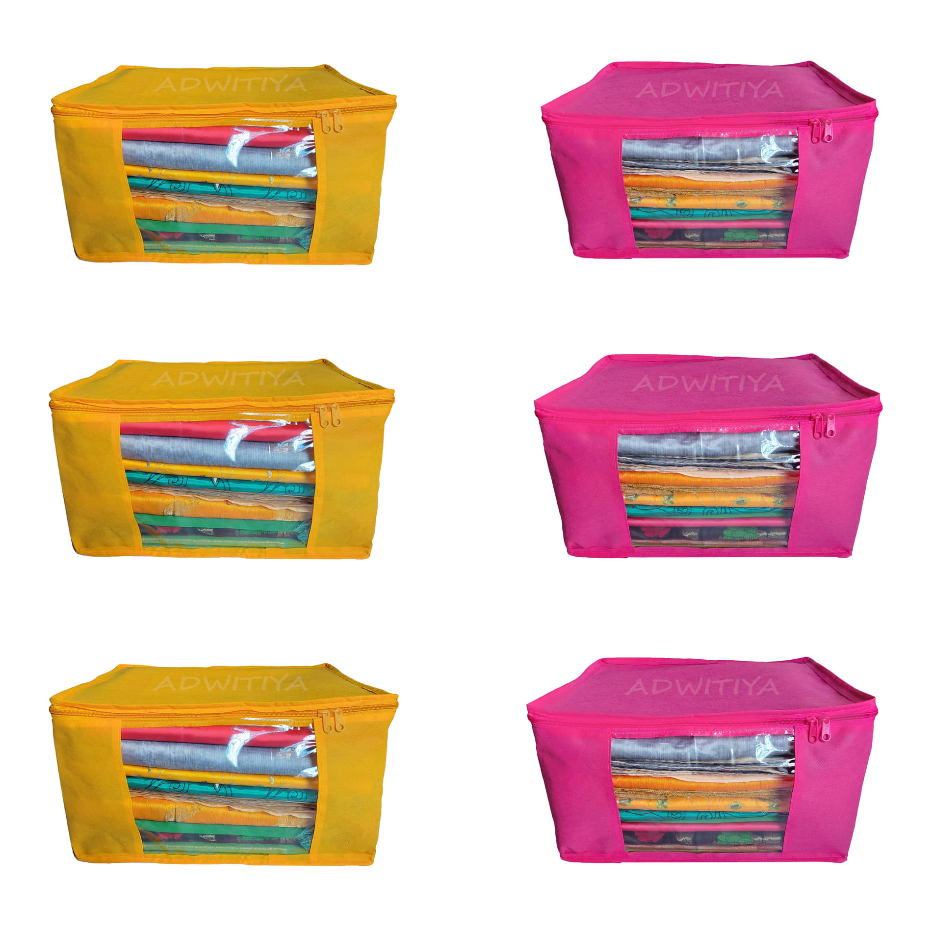     			ADWITIYA - Set of 6 - Plain Large Nonwoven Saree / Salwar Suit / Shirt / Jeans / Bedsheet / Garment / Cloth Storage Organizer Cover Case - Yellow & Pink
