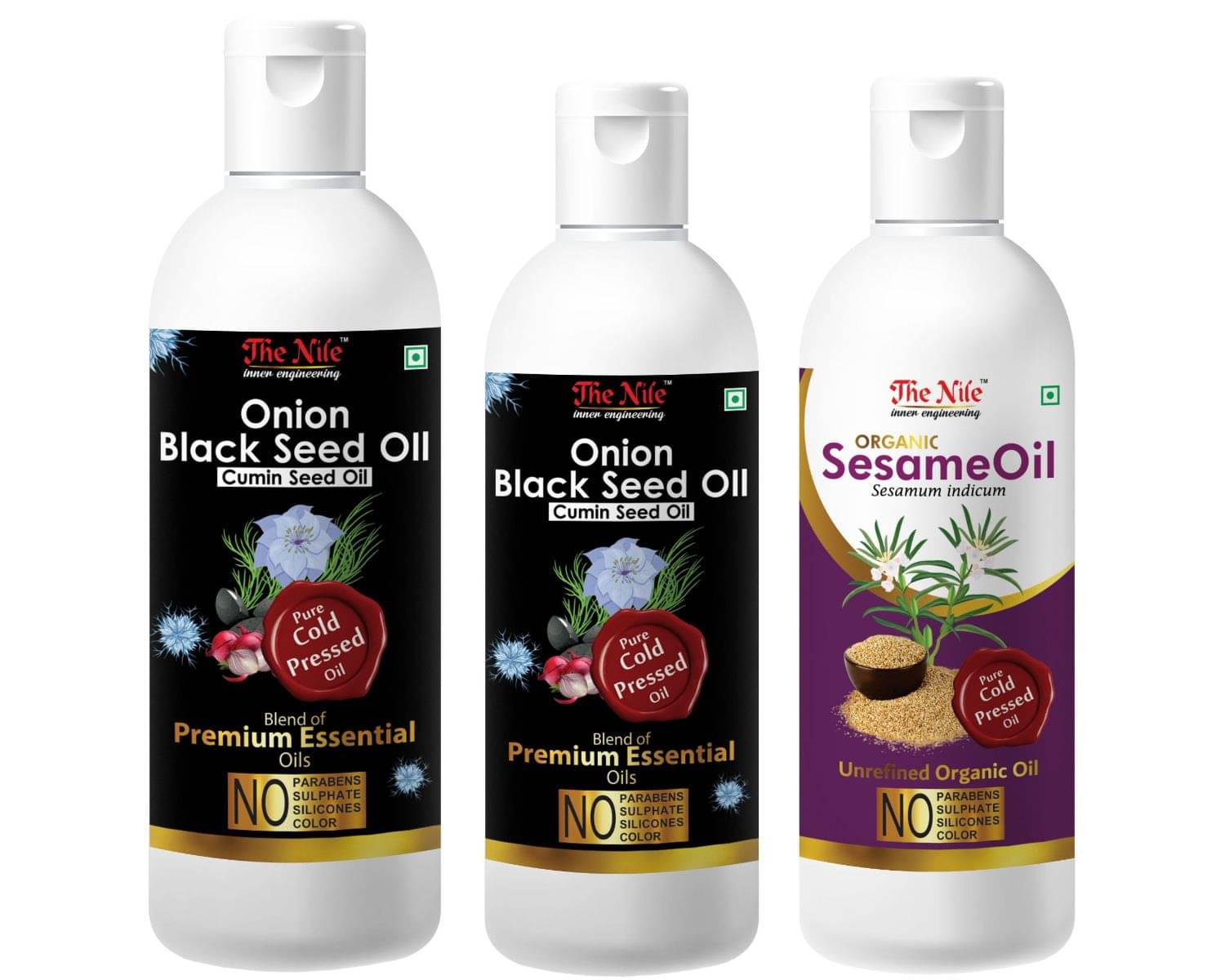The Nile Black Seed 150 ML + Black Seed 100 ML + Sesame Oil 100 Ml 350 mL Pack of 3     			The Nile Black Seed 150 ML + Black Seed 100 ML + Sesame Oil 100 Ml 350 mL Pack of 3