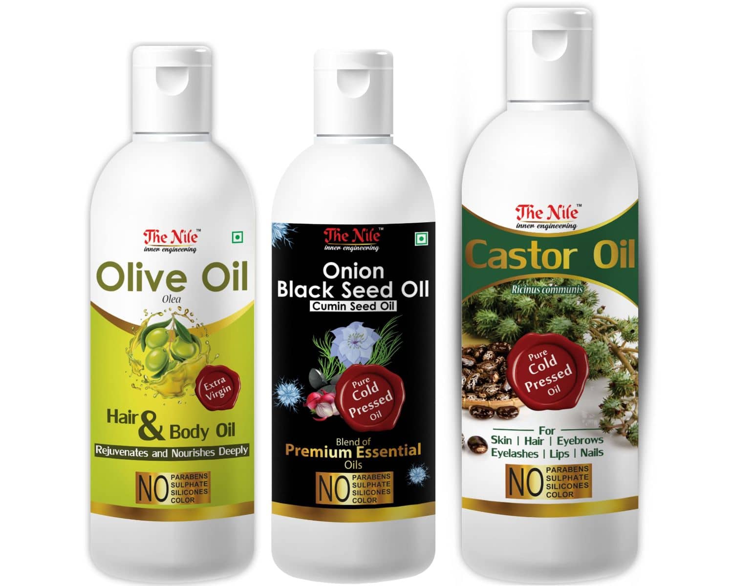 The Nile Castor Oil 150 ML +  Black Seed 100 ML + Olive Oil 100 ML 350 mL Pack of 3