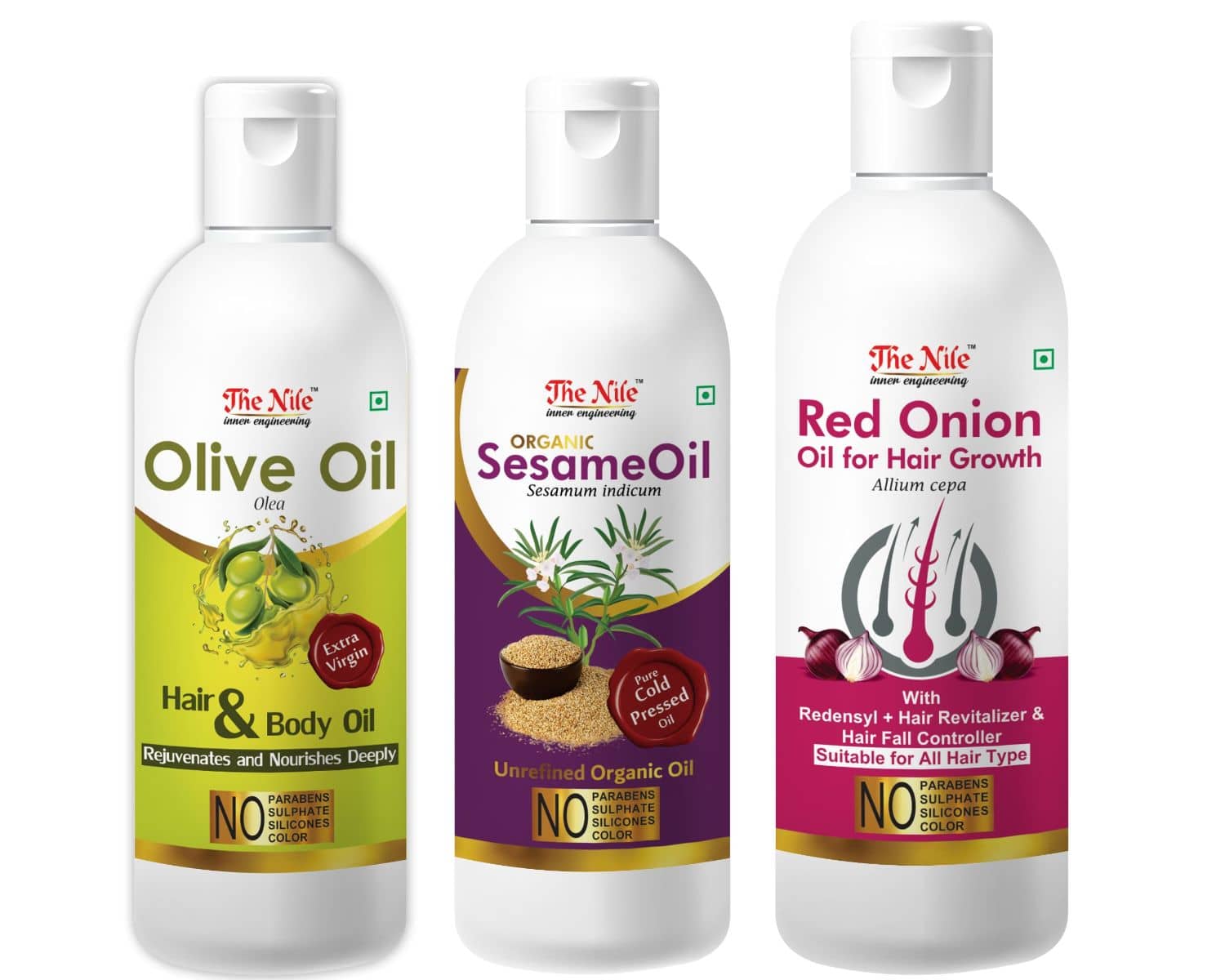 The Nile Onion Oil 150 ML +  Sesame Oil 100 ML +  Olive Oil 100 ML 350 mL Pack of 3