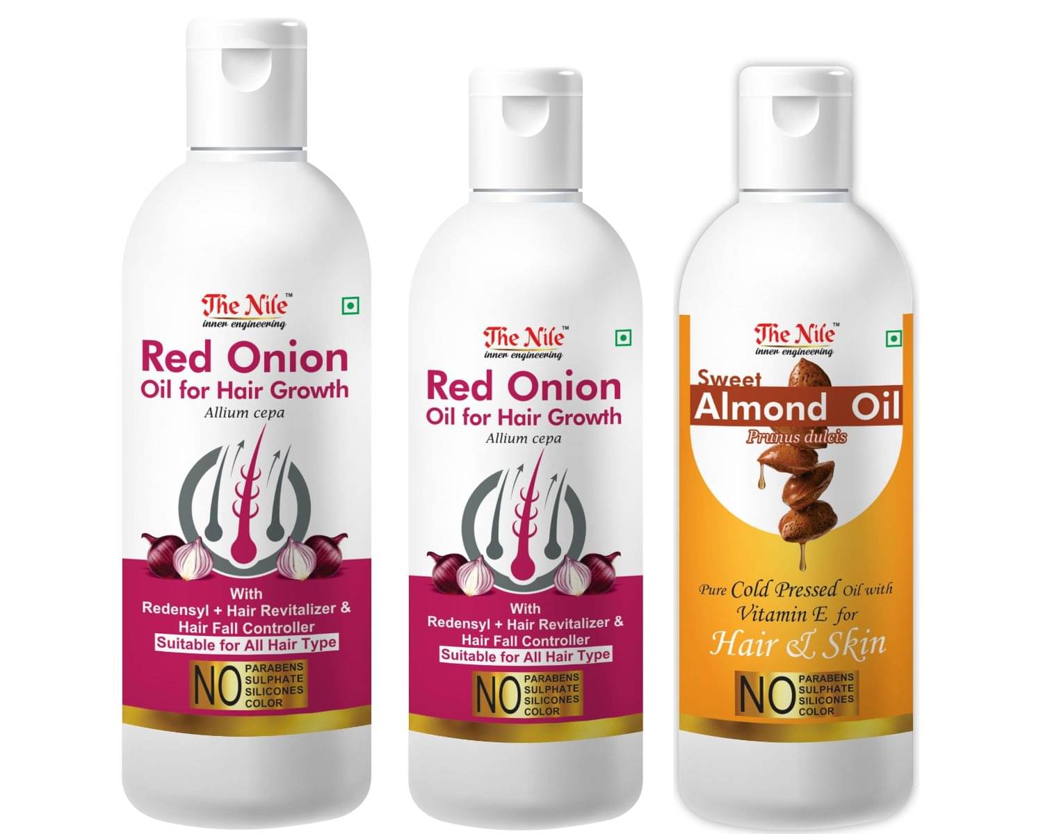 The Nile Red Onion 150 ML + Onion Oil 100 ML + Almond Oil 100 Ml 350 mL Pack of 3 The Nile Red Onion 150 ML + Onion Oil 100 ML + Almond Oil 100 Ml 350 mL Pack of 3