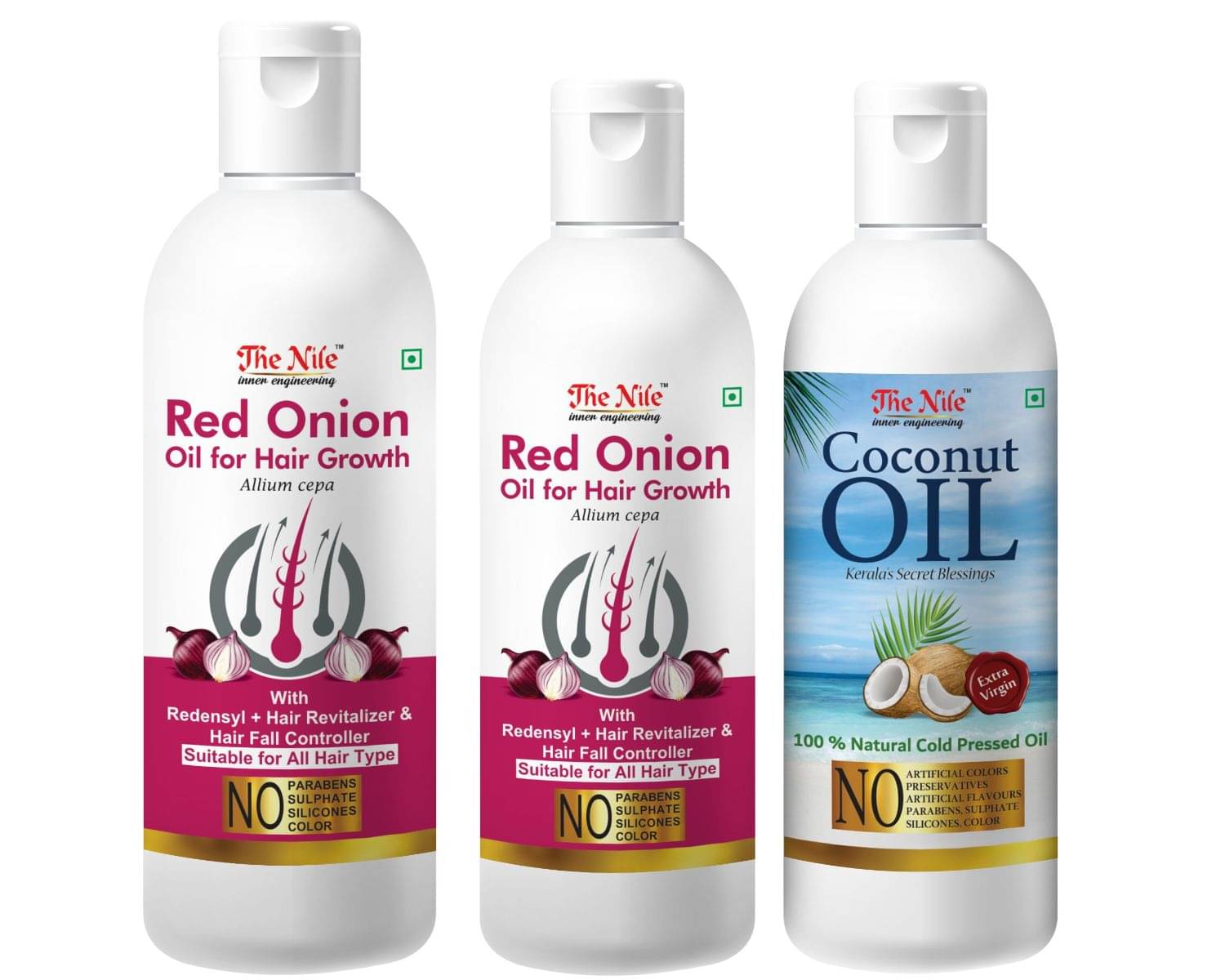 The Nile Red Onion 150 ML + Onion Oil 100 ML + Coconut Oil 100 Ml 350 mL Pack of 3 The Nile Red Onion 150 ML + Onion Oil 100 ML + Coconut Oil 100 Ml 350 mL Pack of 3