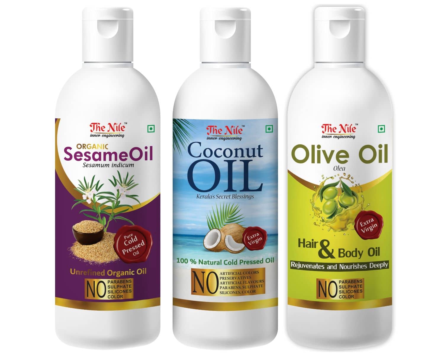 The Nile Sesame Oil 100 Ml + Coconut Oil 100 ML + Olive Oil 100 ML 300 mL Pack of 3