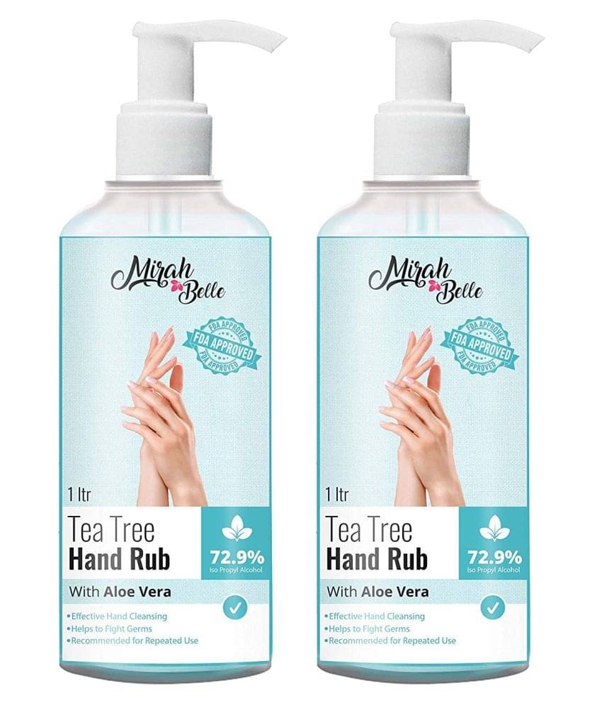Mirah Belle - Tea Tree & Aloe Vera Hand Rub (1000 ml), (72.9% Alcohol) Hand Sanitizer 1000 mL Pack of 2 Mirah Belle - Tea Tree & Aloe Vera Hand Rub (1000 ml), (72.9% Alcohol) Hand Sanitizer 1000 mL Pack of 2