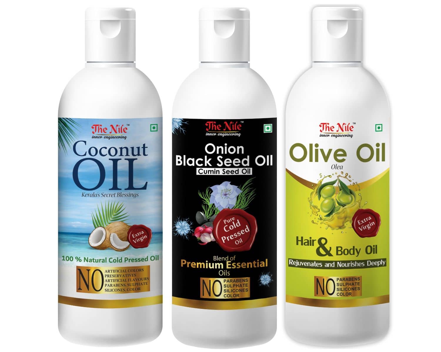 The Nile Coconut Oil 100 ML + Onion Black Seed 100 ML + Olive100 ML 300 mL Pack of 3