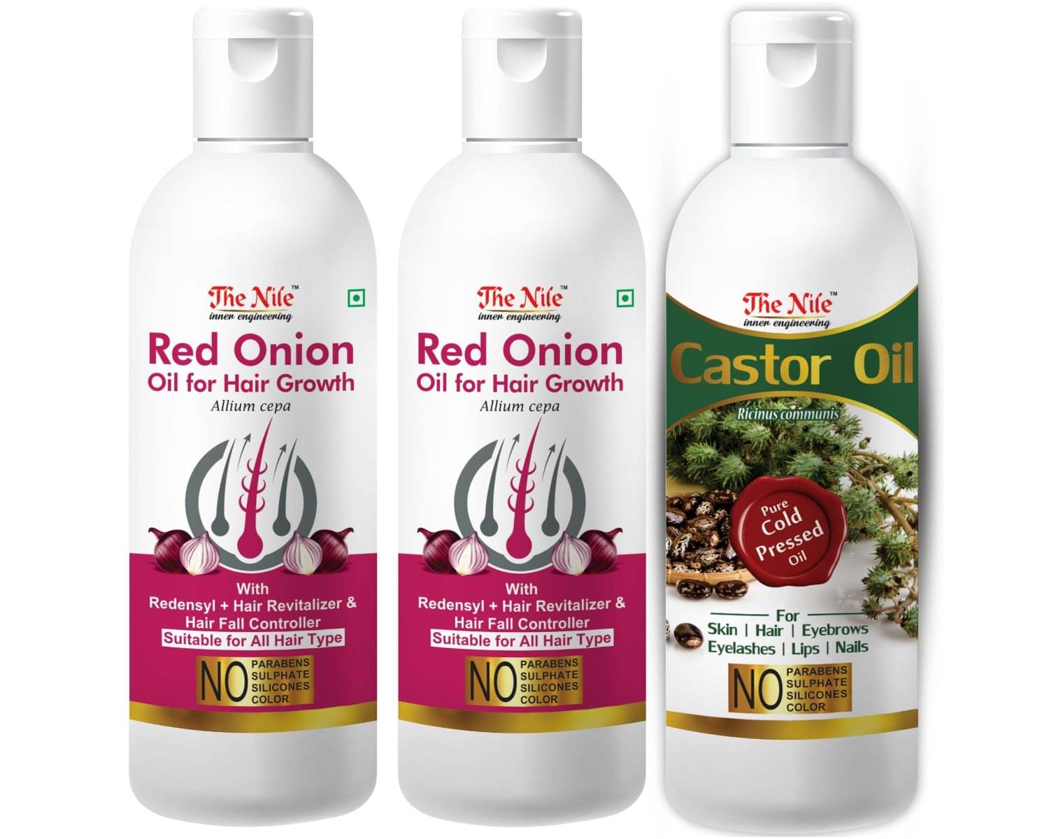 The Nile Red Onion Oil 100 ML X 2 + Castor Oil 100 Ml 300 mL Pack of 3 The Nile Red Onion Oil 100 ML X 2 + Castor Oil 100 Ml 300 mL Pack of 3