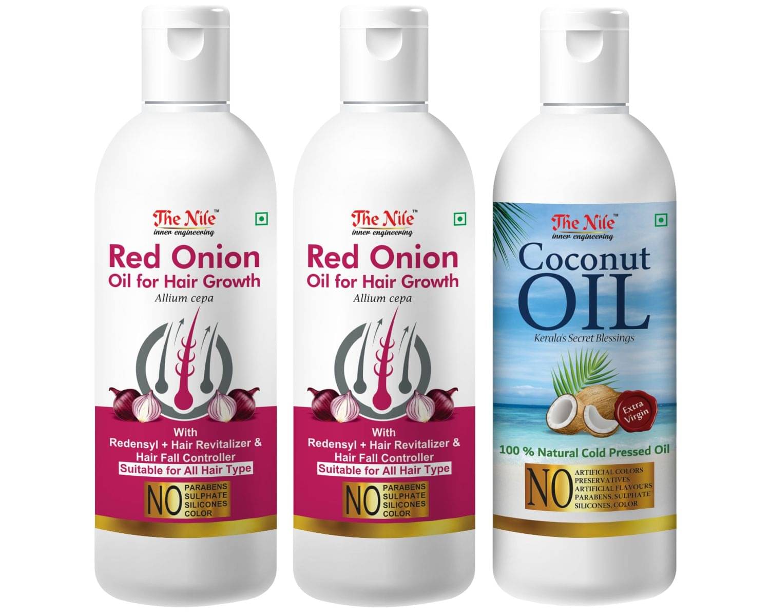 The Nile Red Onion Oil 100 ML X 2 + Coconut Oil 100 Ml 300 mL Pack of 3     			The Nile Red Onion Oil 100 ML X 2 + Coconut Oil 100 Ml 300 mL Pack of 3