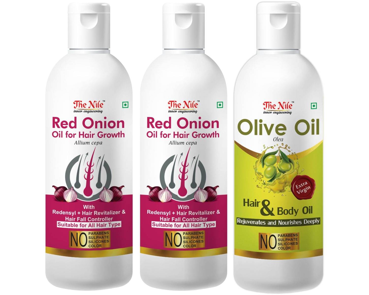 The Nile Red Onion Oil 100 ML X 2 + Olive Oil 100 ML 300 mL Pack of 3 The Nile Red Onion Oil 100 ML X 2 + Olive Oil 100 ML 300 mL Pack of 3
