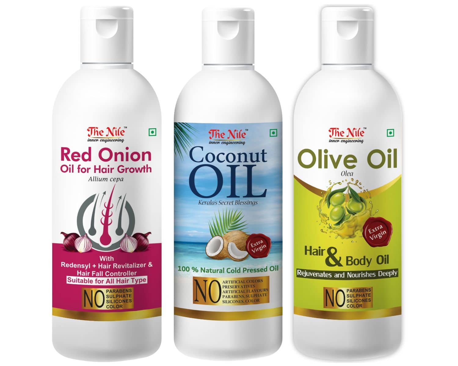 The Nile Red Onion Oil 100 Ml + Coconut Oil 100 ML + Olive Oil 100 ML 300 mL Pack of 3
