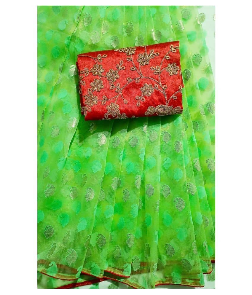 Women's Organza Green Embellished Designer Saree With Blouse Piece