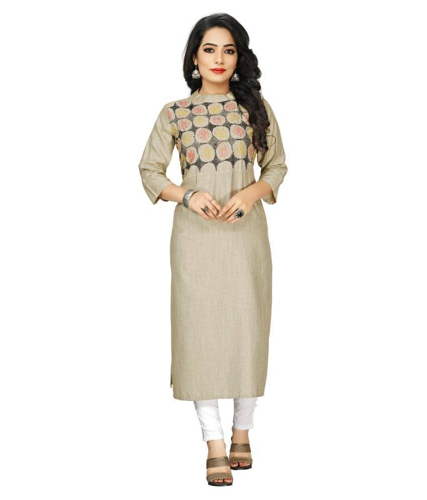 Prettify Beige Cotton Blend Straight Kurti     			Prettify Beige Cotton Blend Straight Kurti