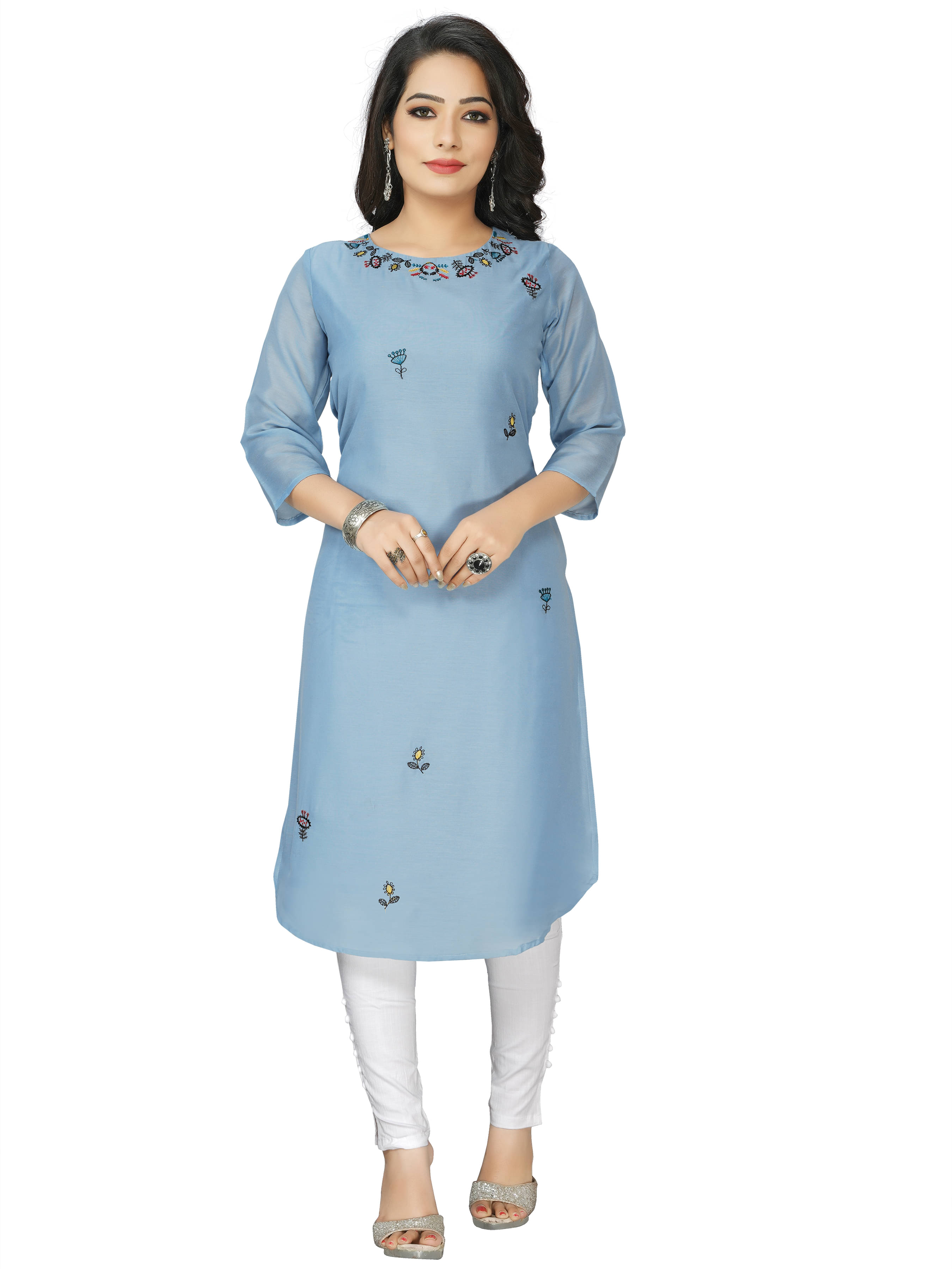     			Prettify Blue Cotton Blend Straight Kurti
