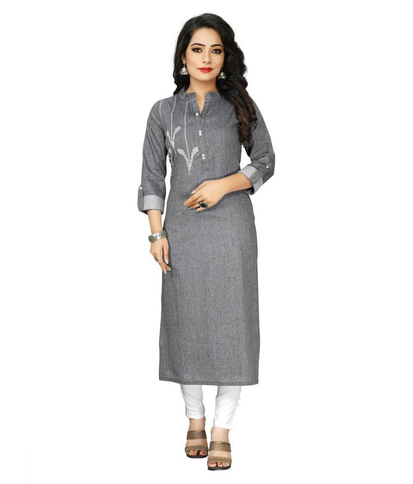 Prettify Grey Cotton Blend Straight Kurti Prettify Grey Cotton Blend Straight Kurti