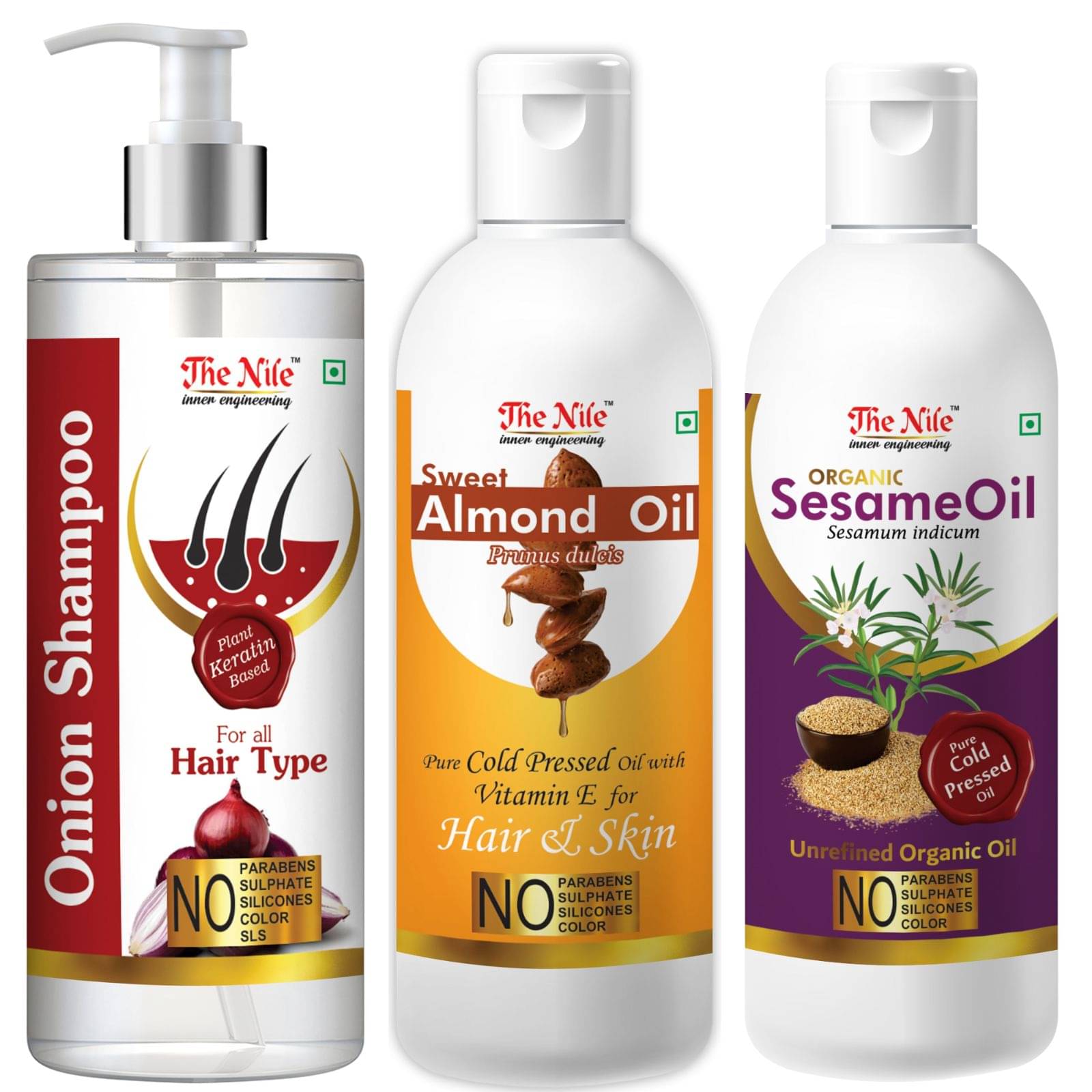 The Nile Red Onion Shampoo 200 ML + Sweet Almond 100 ML + Sesame Oil 100 ML Shampoo 400 mL Pack of 3 The Nile Red Onion Shampoo 200 ML + Sweet Almond 100 ML + Sesame Oil 100 ML Shampoo 400 mL Pack of 3