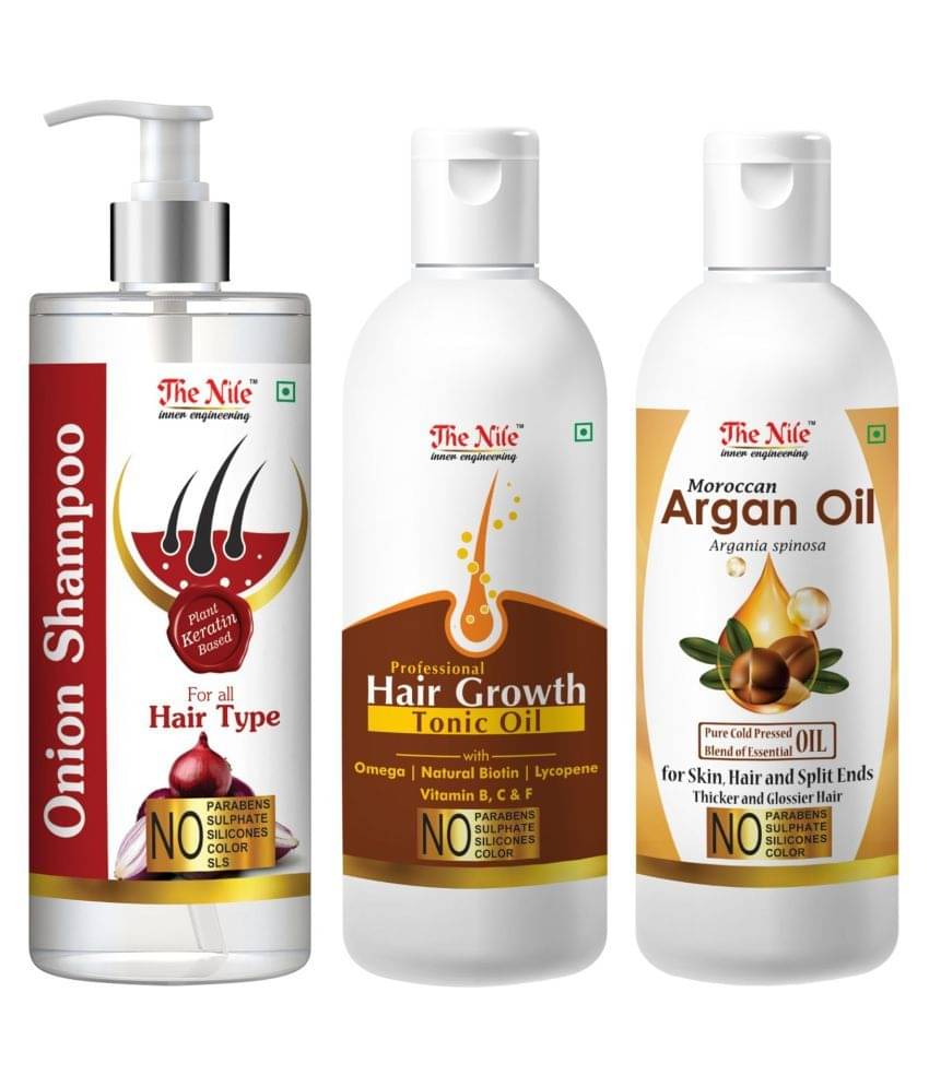The Nile Red Onion Shampoo 200 ML + Hair Tonic 100 ML + Argan Oil 100 ML Shampoo 400 mL Pack of 3 The Nile Red Onion Shampoo 200 ML + Hair Tonic 100 ML + Argan Oil 100 ML Shampoo 400 mL Pack of 3