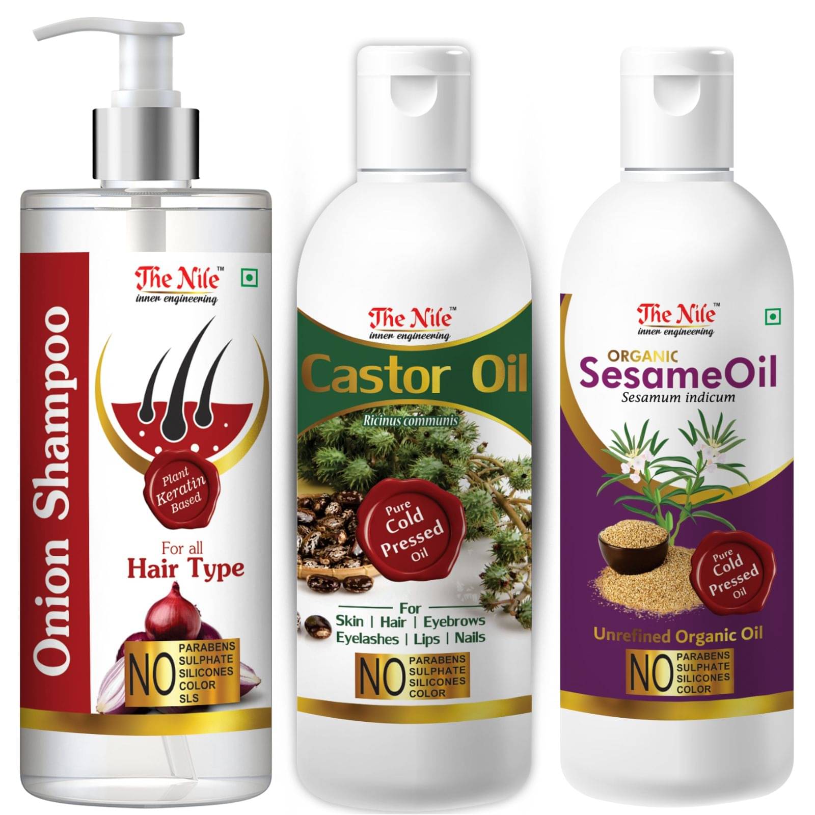     			The Nile Red Onion Shampoo 200 ML + Castor Oil 100 ML + Sesame Oil 100 ML  Shampoo 400 mL Pack of 3