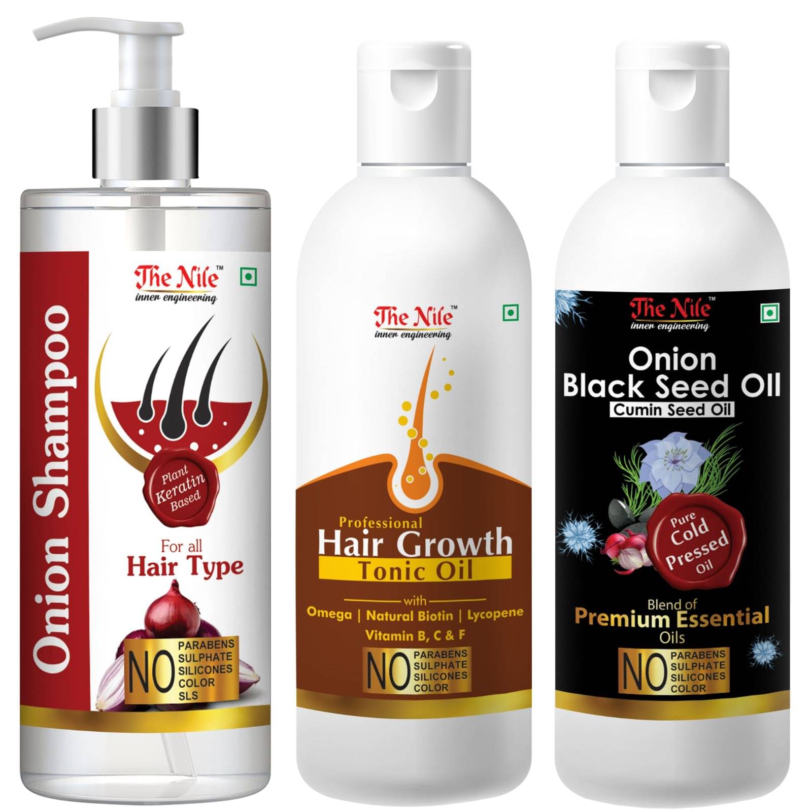 The Nile Red Onion Shampoo 200 ML + Hair Tonic 100 ML + Onion Black Seed 100 ML Shampoo 400 mL Pack of 3 The Nile Red Onion Shampoo 200 ML + Hair Tonic 100 ML + Onion Black Seed 100 ML Shampoo 400 mL Pack of 3