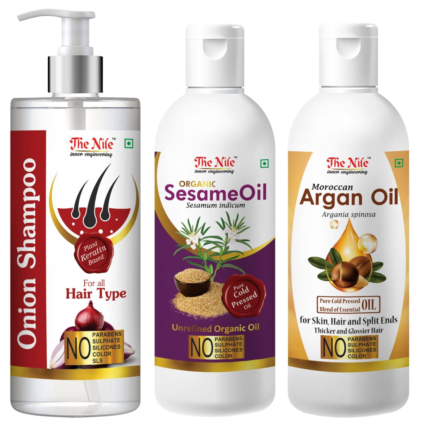 The Nile Red Onion Shampoo 200 ML + Sesame Oil 100 ML + Argan Oil 100 ML Shampoo 400 mL Pack of 3 The Nile Red Onion Shampoo 200 ML + Sesame Oil 100 ML + Argan Oil 100 ML Shampoo 400 mL Pack of 3